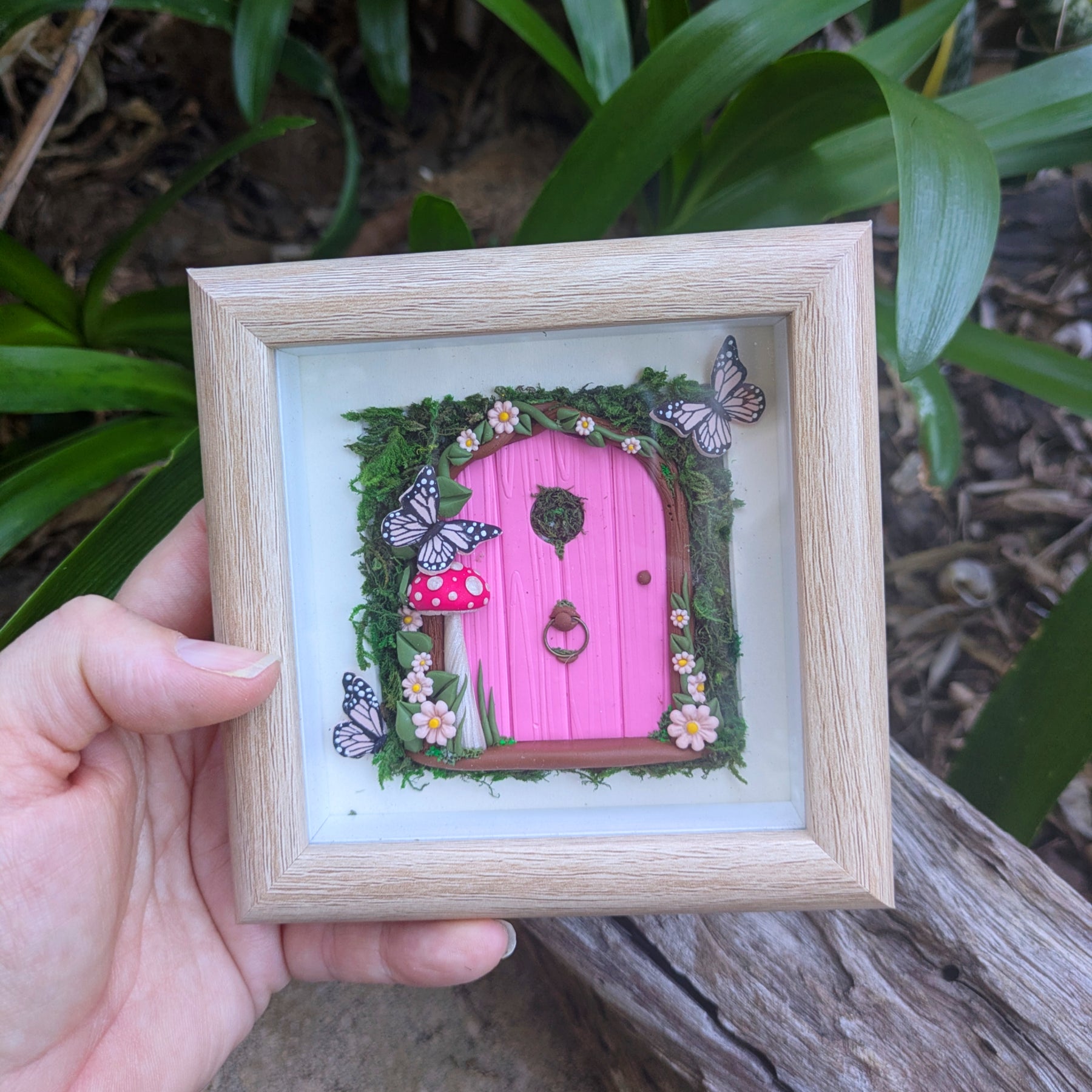 Pink Woodland Hand Sculpted Fairy Door in Shadow