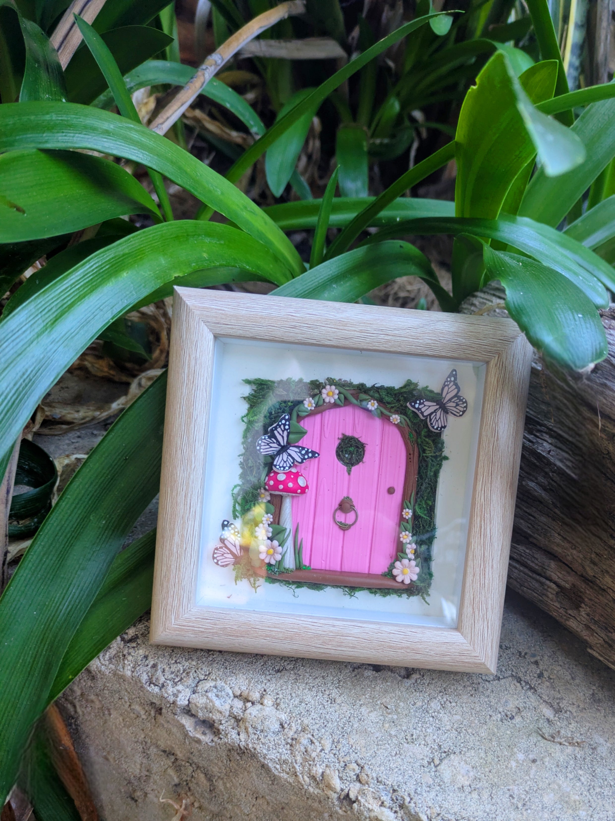 Pink Woodland Hand Sculpted Fairy Door in Shadow