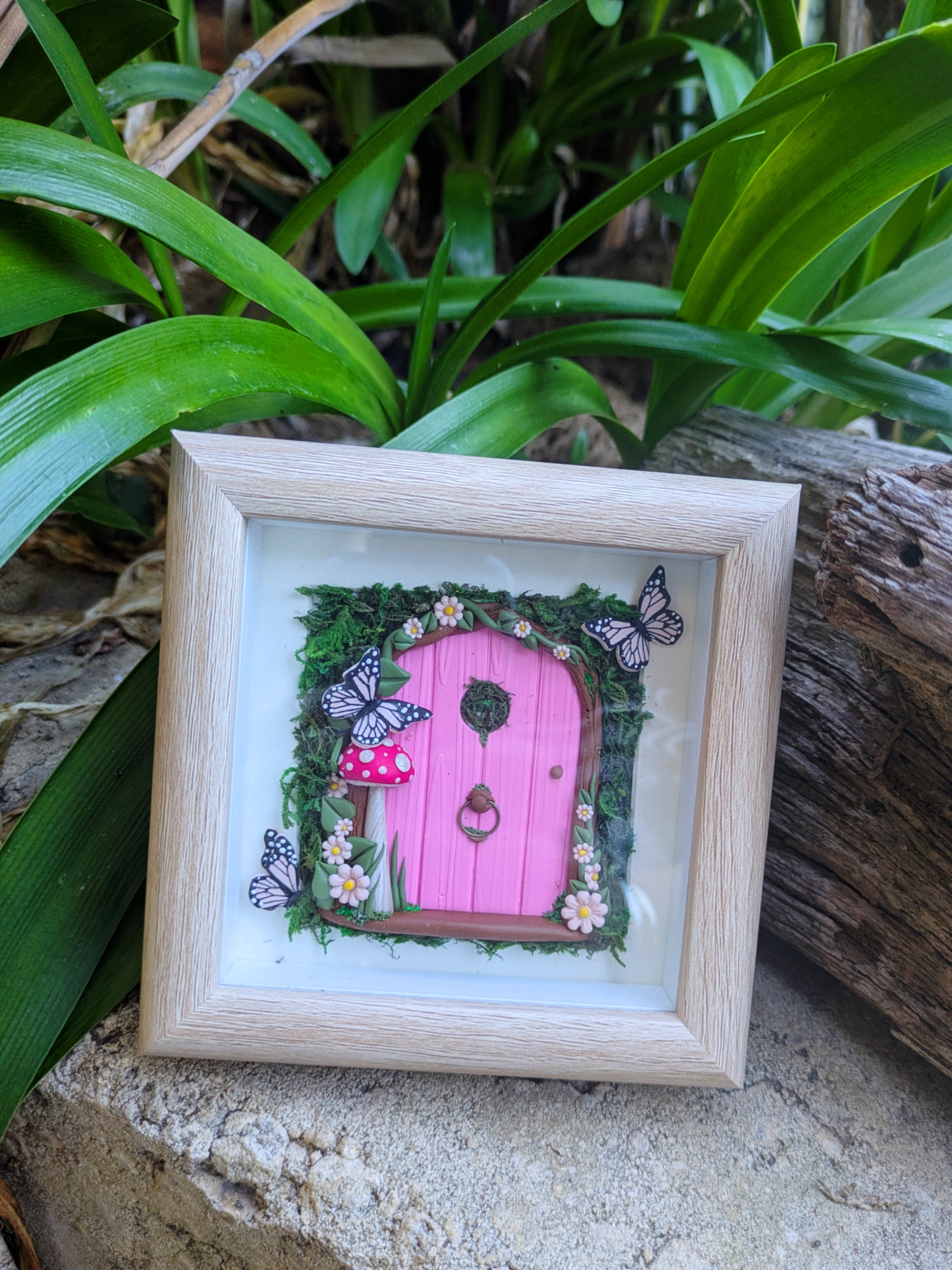 Pink Woodland Hand Sculpted Fairy Door in Shadow