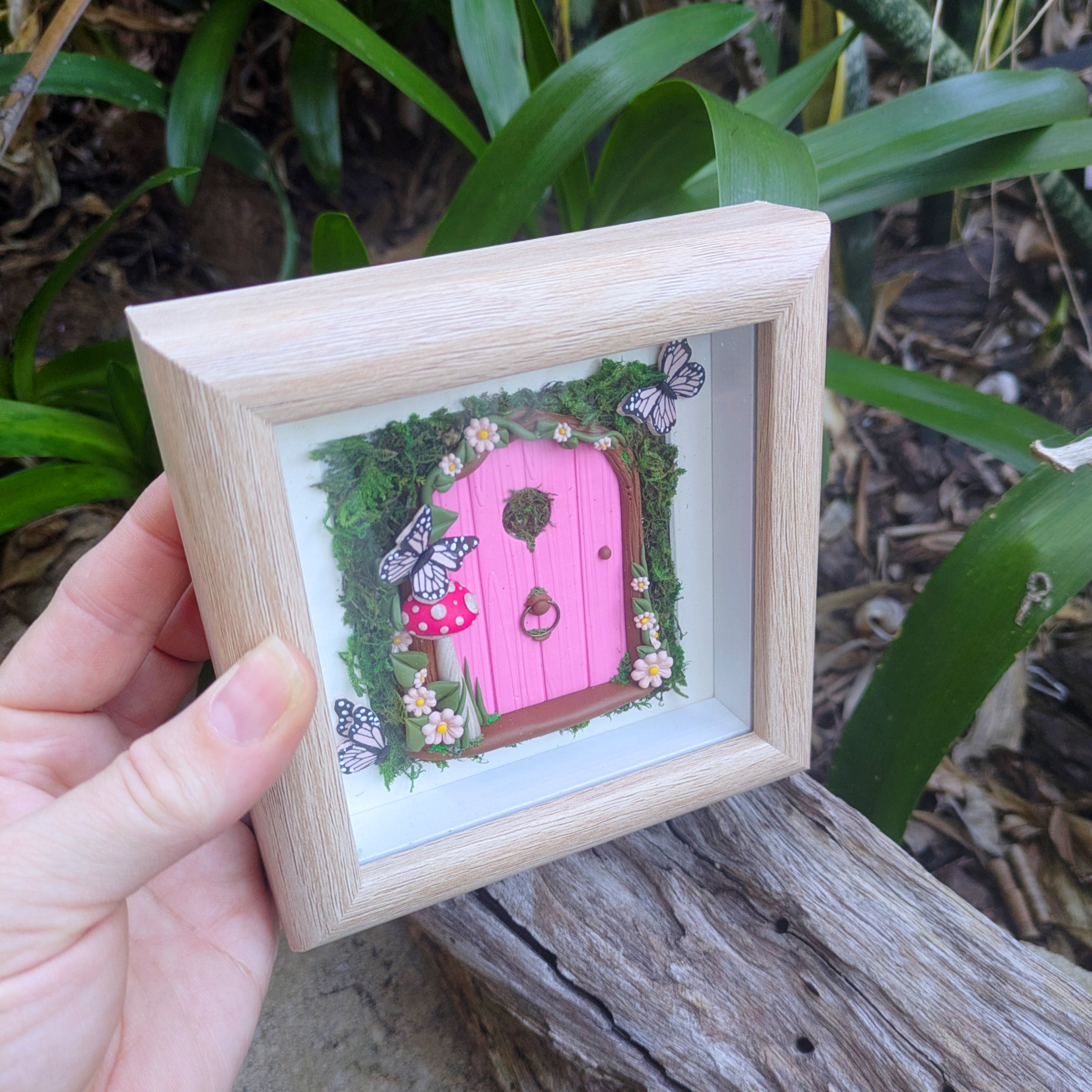 Pink Woodland Hand Sculpted Fairy Door in Shadow