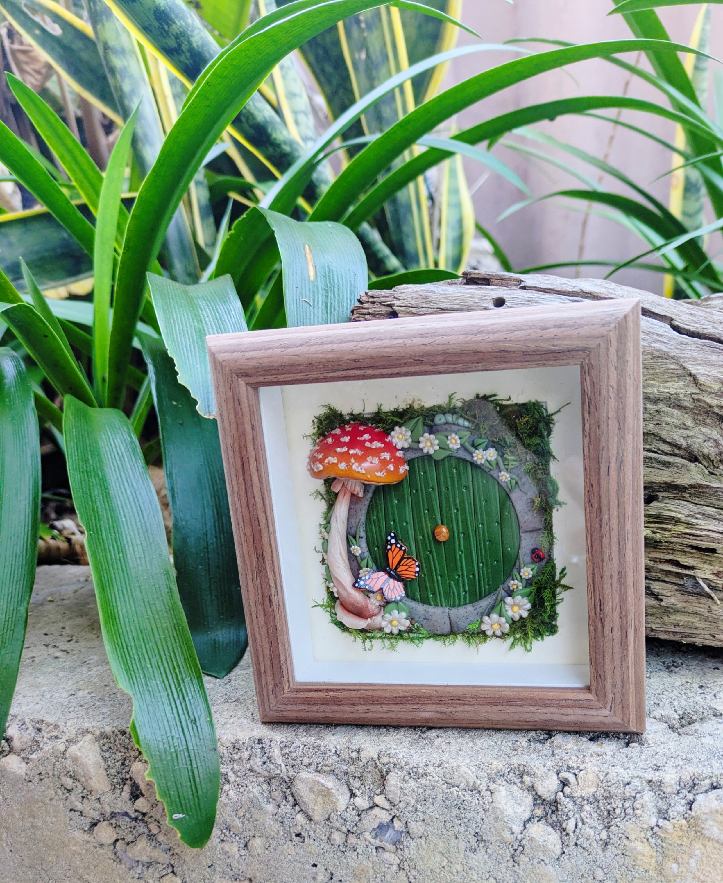 Hobbit Style Fairy Door Shadow Box – Monarch Butterfly, Ladybug and Caterpillar friends