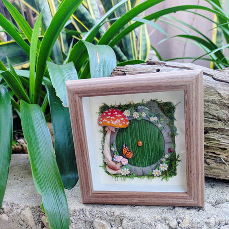 Hobbit Style Fairy Door Shadow Box – Monarch Butterfly, Ladybug and Caterpillar friends