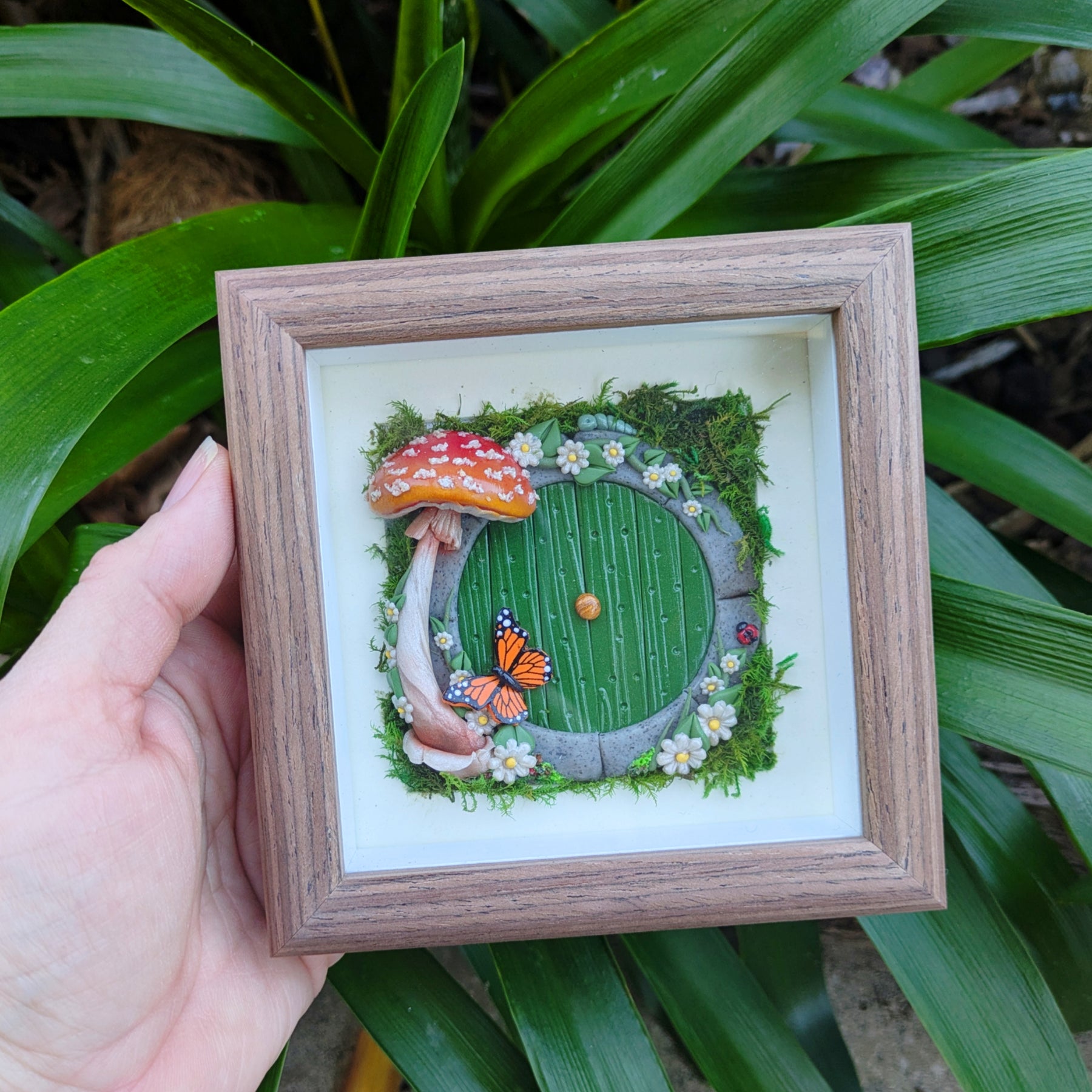 Hobbit Style Fairy Door Shadow Box – Monarch Butterfly, Ladybug and Caterpillar friends