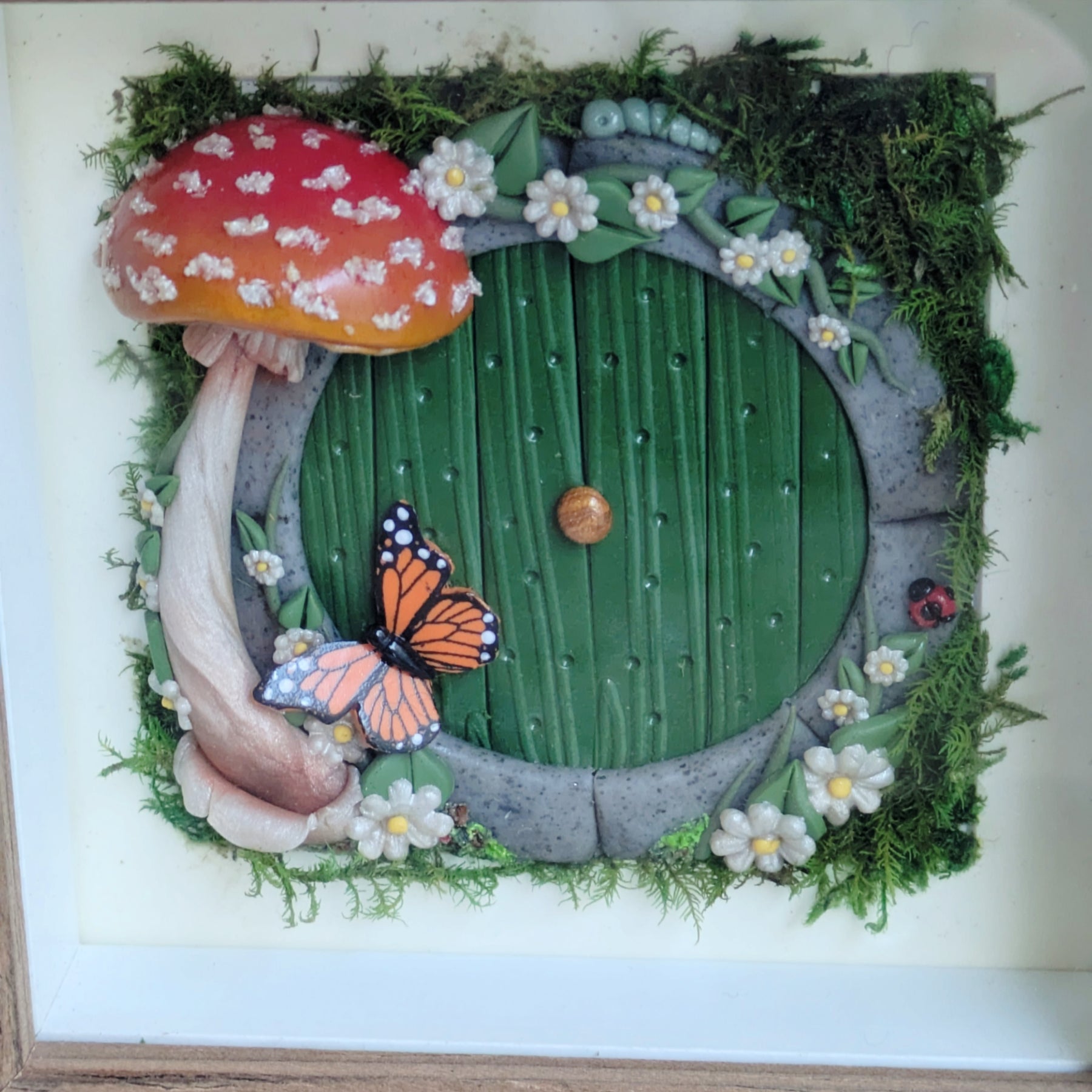 Hobbit Style Fairy Door Shadow Box – Monarch Butterfly, Ladybug and Caterpillar friends