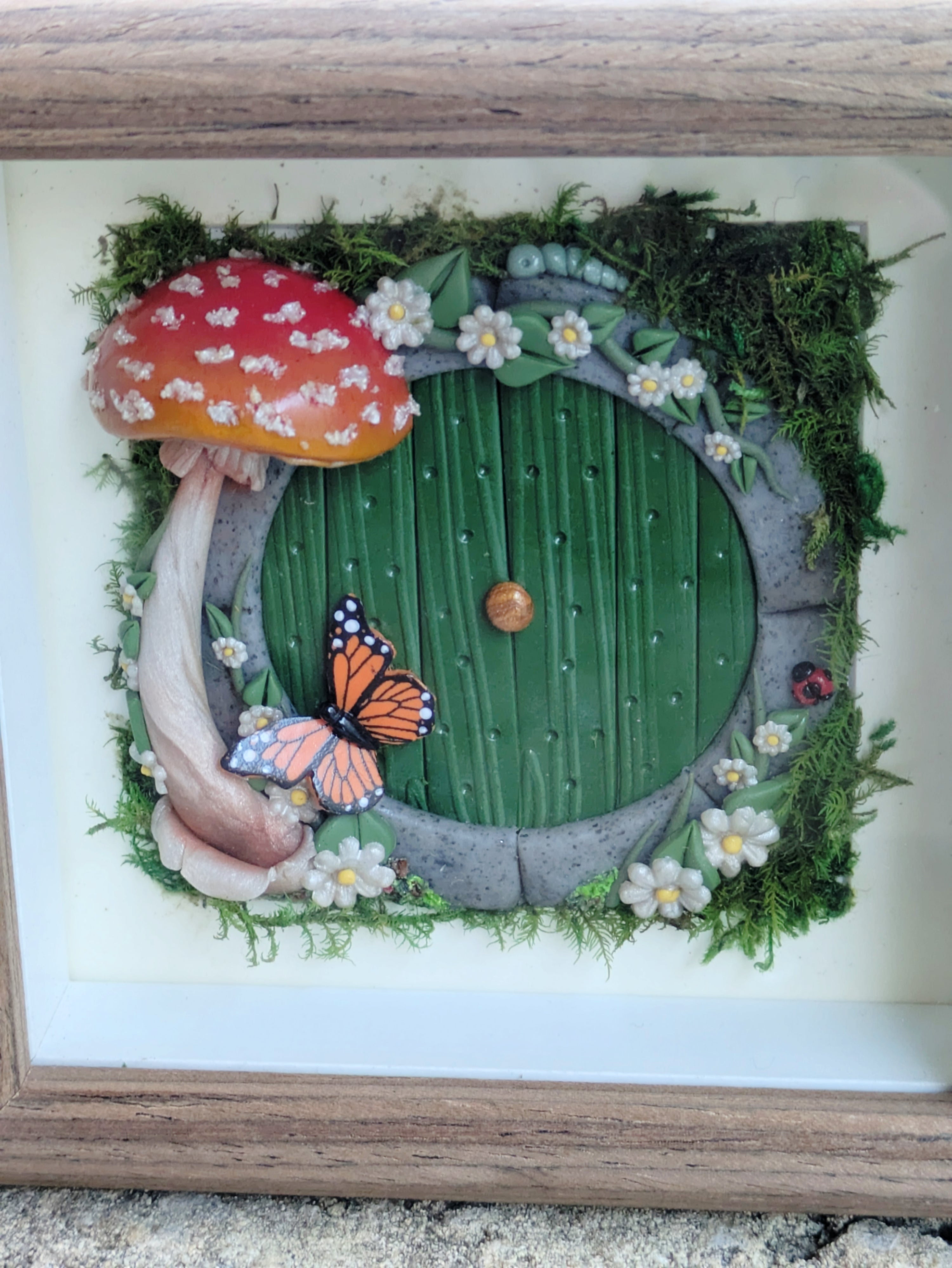 Hobbit Style Fairy Door Shadow Box – Monarch Butterfly, Ladybug and Caterpillar friends