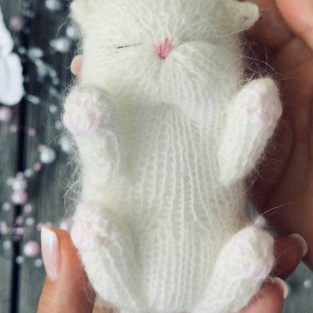 Handmade White Knitted Sleeping Kitty Toy