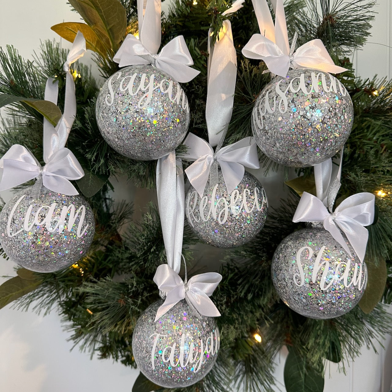 Personalised Christmas Baubles, Glitter Ornament With Names And Message