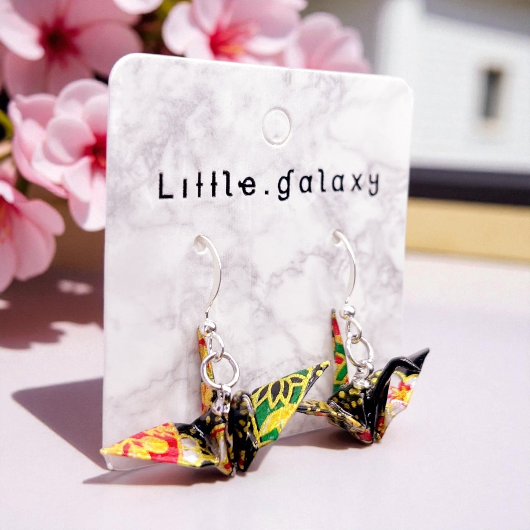 Handmade paper origami crane earrings / ear clip on / 14k gold hook