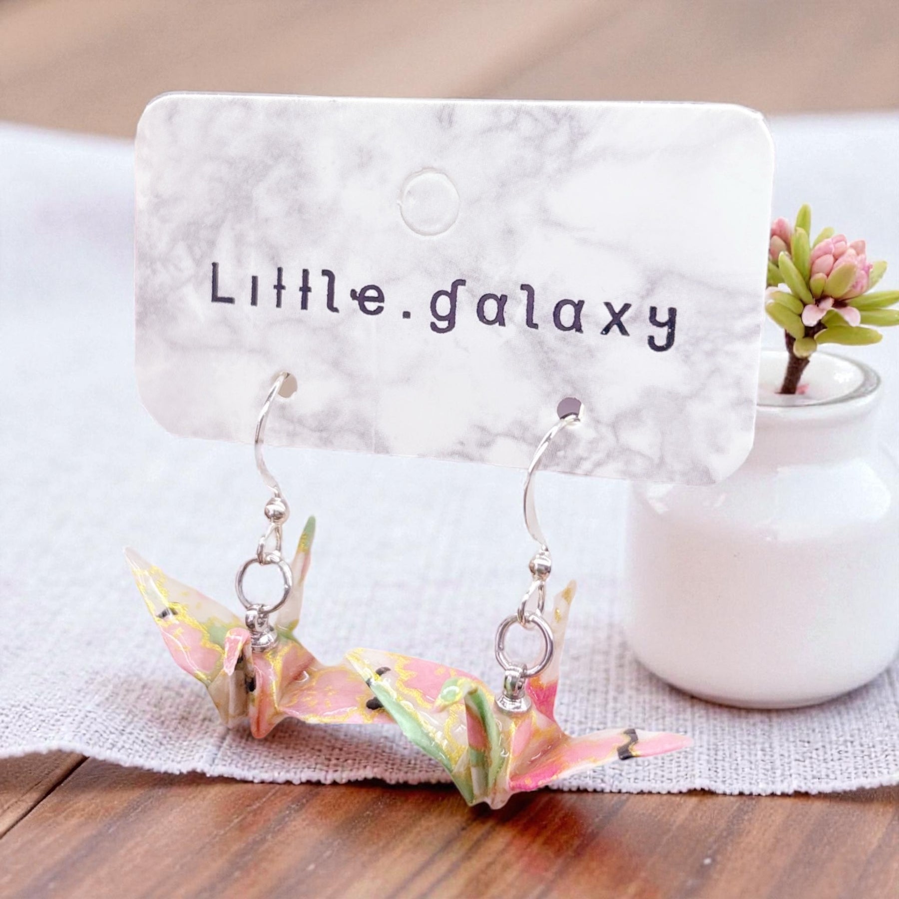 Handmade paper origami crane earrings / ear clip on / 14k gold hook