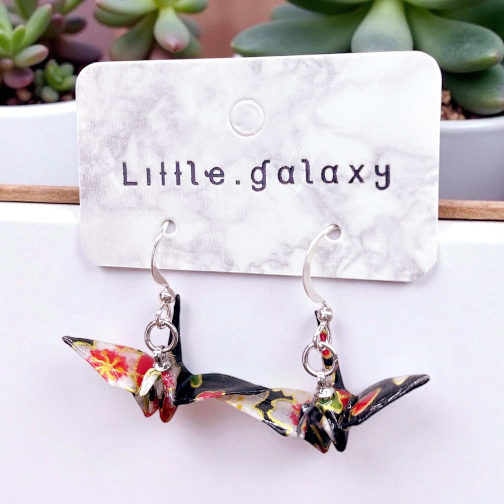 Handmade paper origami crane earrings / ear clip on / 14k gold hook