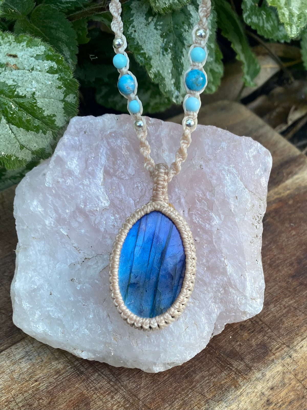 Blue Flash Labradorite Pendant: Beaded Macrame necklace, Adjustable Boho