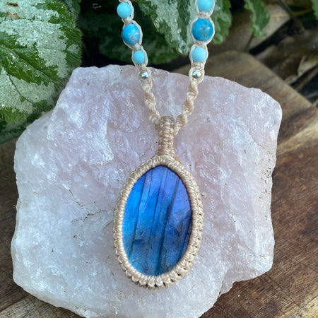 Blue Flash Labradorite Pendant: Beaded Macrame necklace, Adjustable Boho