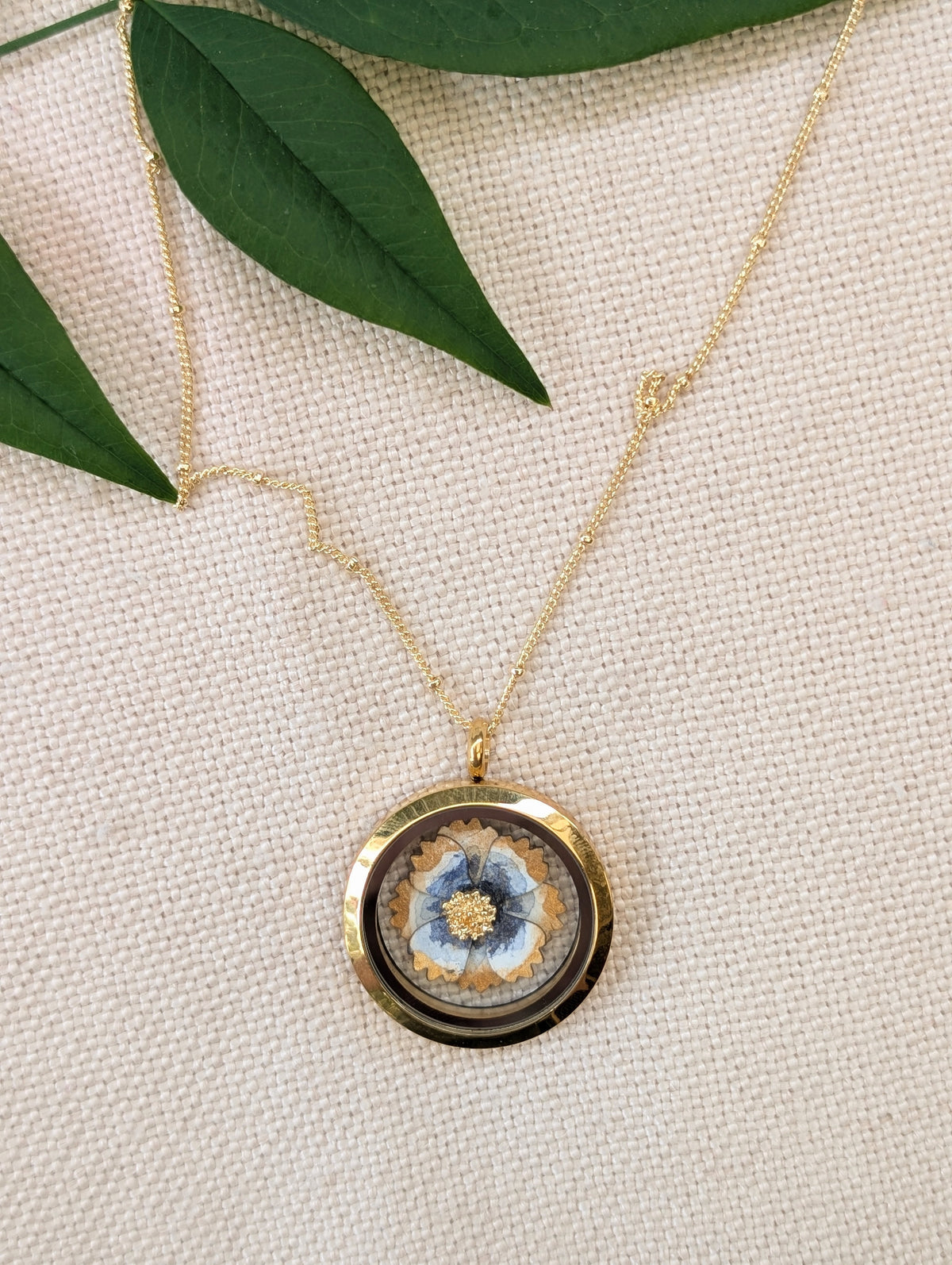 Handmade Watercolour Cosmos Flower Floating Locket Necklace | Gold Botanical Pendant