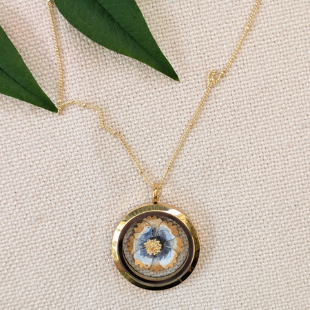 Handmade Watercolour Cosmos Flower Floating Locket Necklace | Gold Botanical Pendant