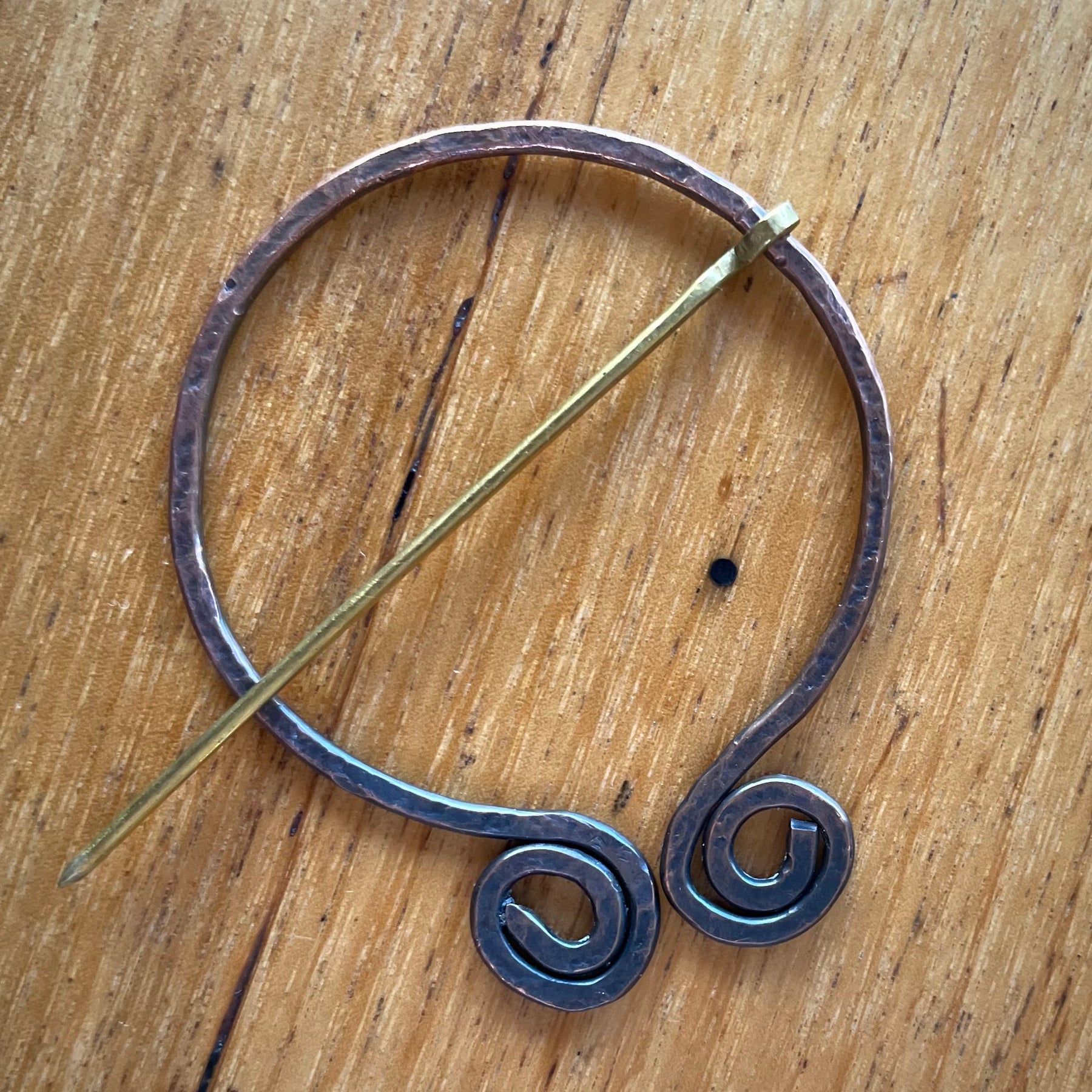 Copper and brass scarf brooch