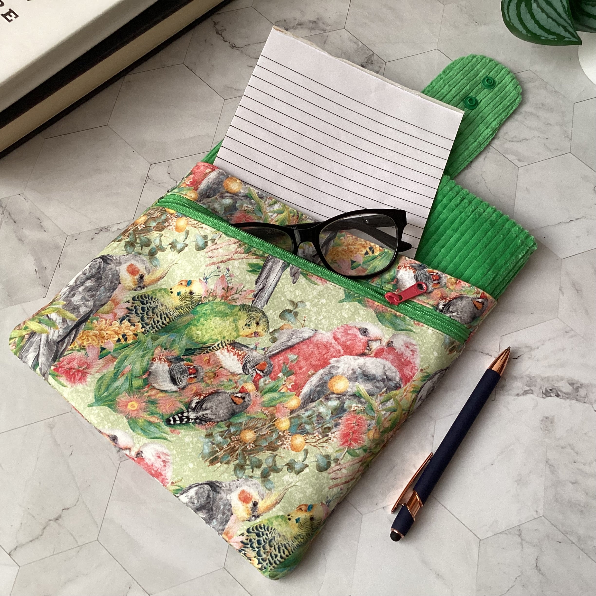 Australian Birds fabric book sleeve with 2 pockets. iPad, tablet pouch