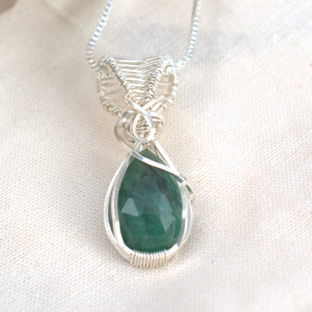 Wire-wrapped Emerald Hornblende Necklace - May Birthstone Pendant