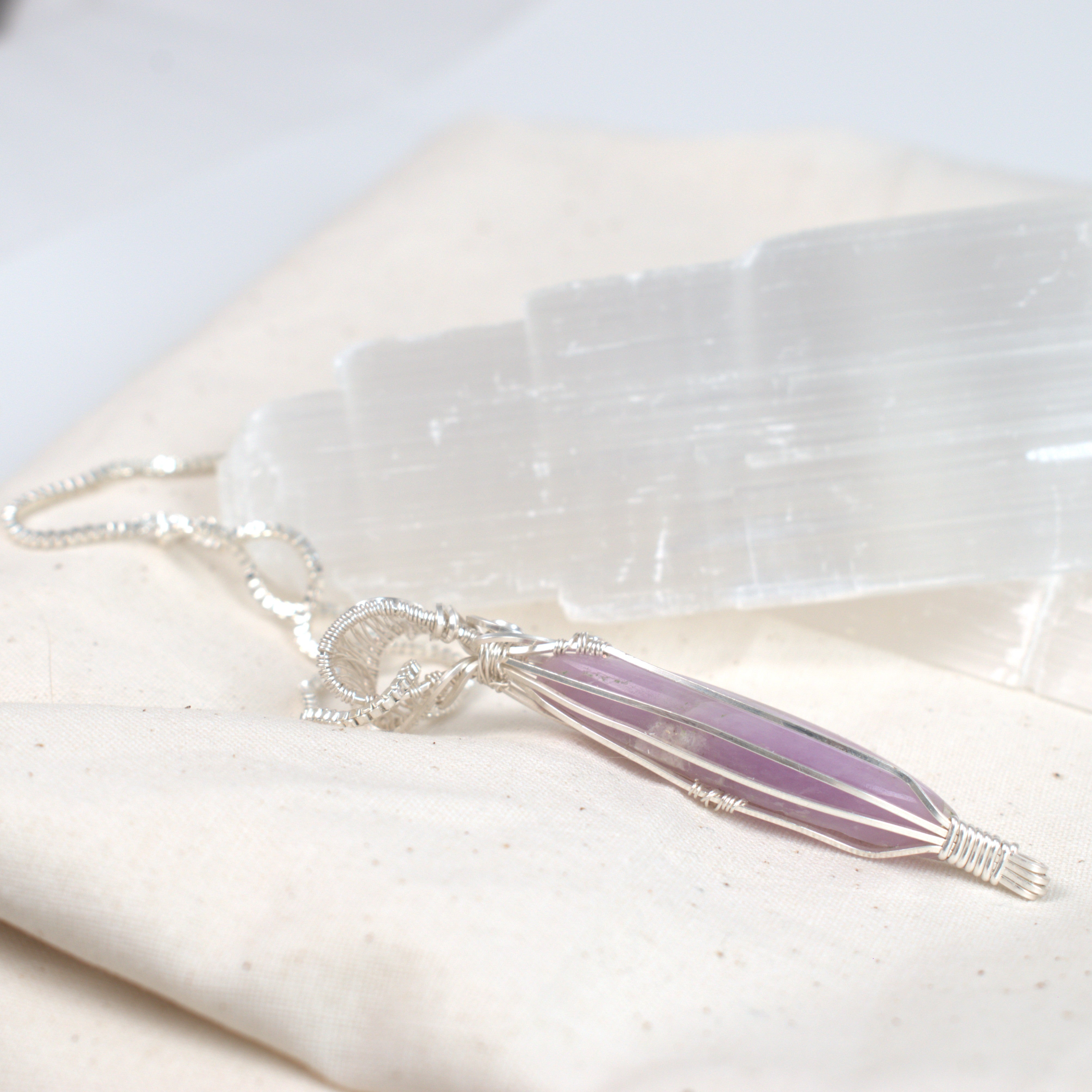 Lavender Mist – Wire Wrapped Kunzite Pendant