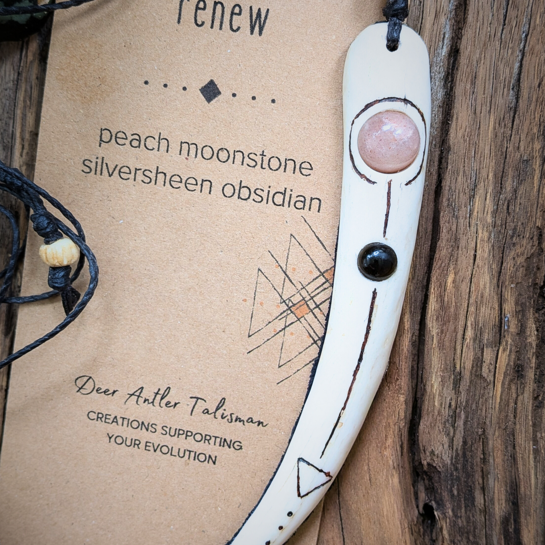 PEACH MOONSTONE | SILVERSHEEN OBSIDIAN | DEER ANTLER |• natural crystal necklace talisman