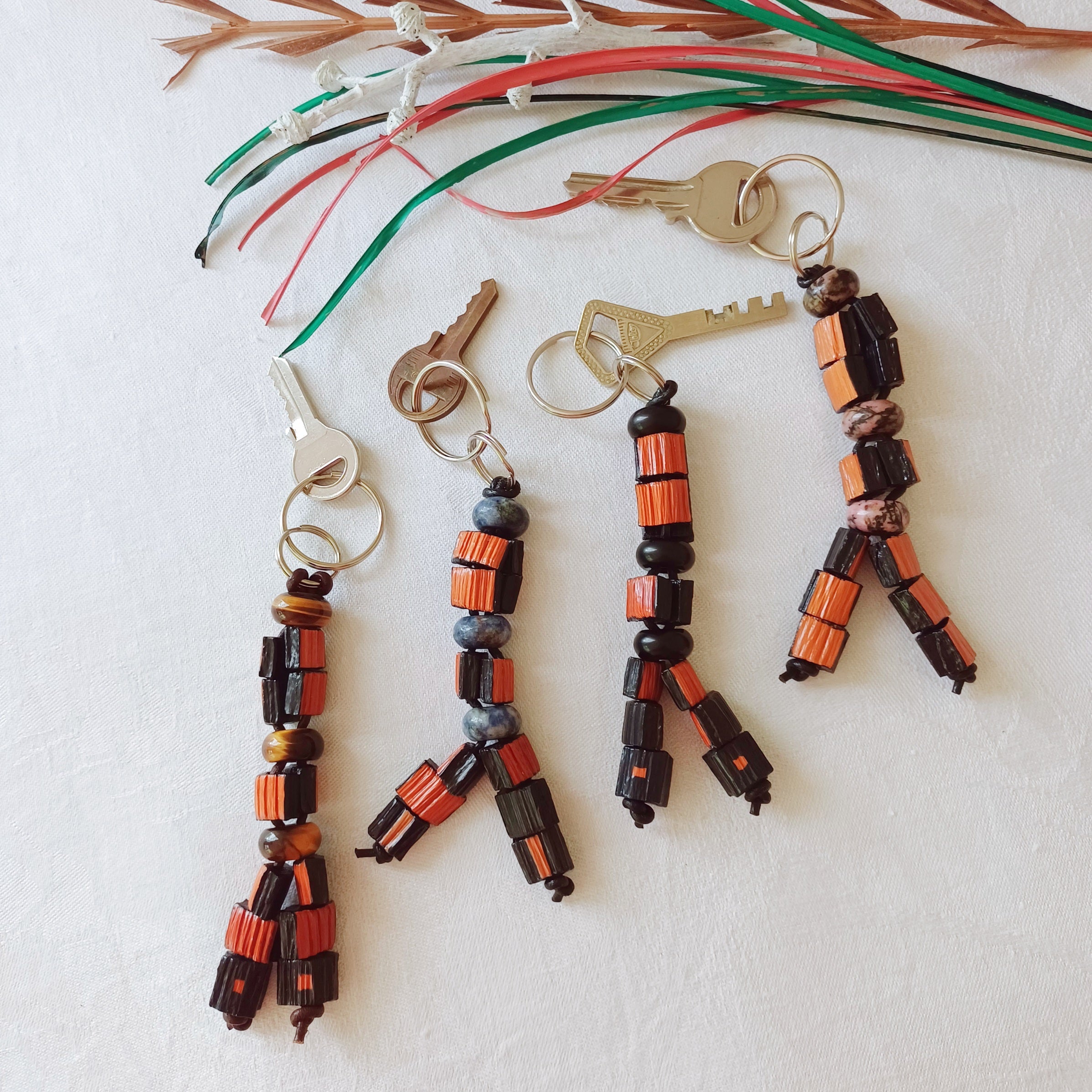 Handmade Palm Leaf Beads and Gemstones Keychain