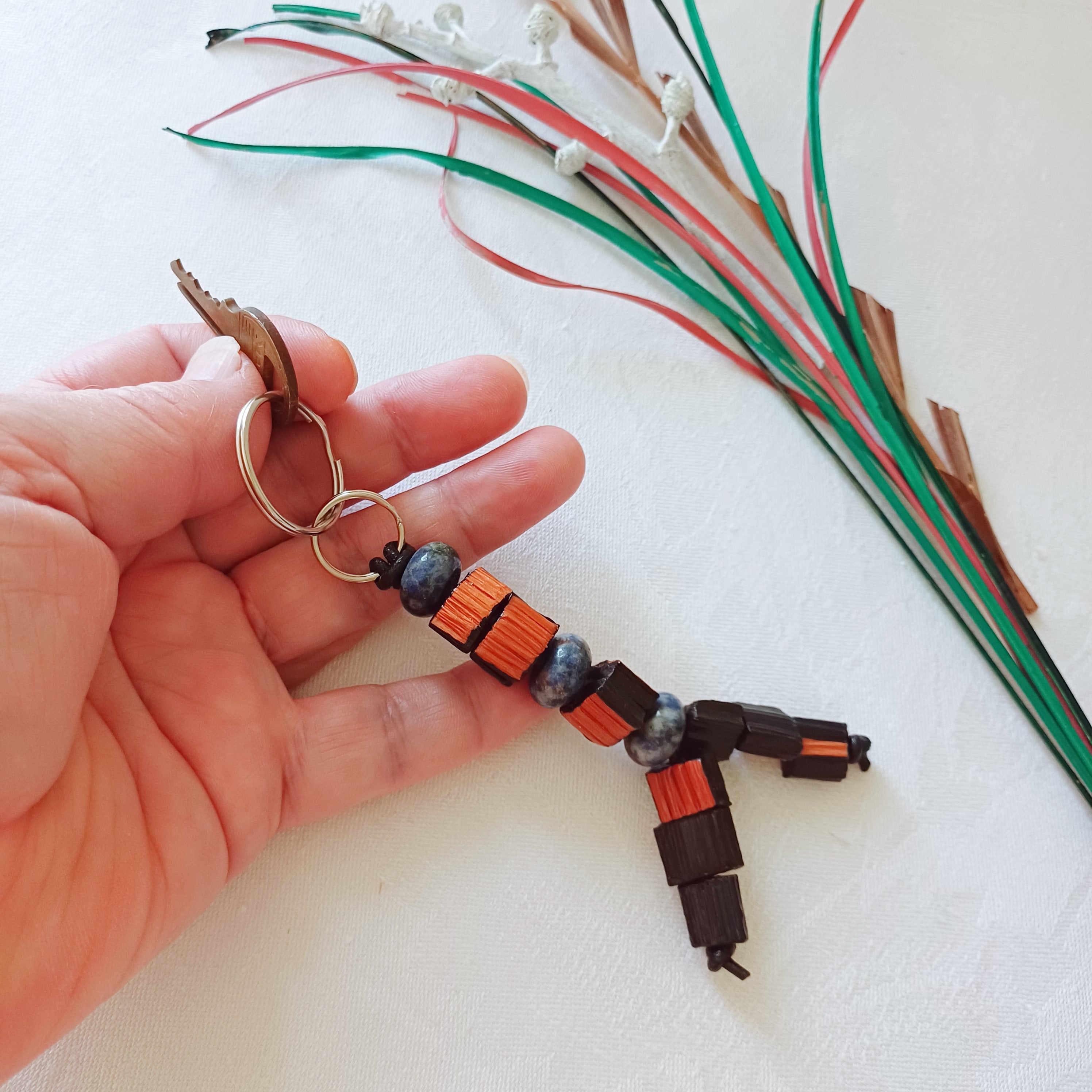 Handmade Palm Leaf Beads and Gemstones Keychain