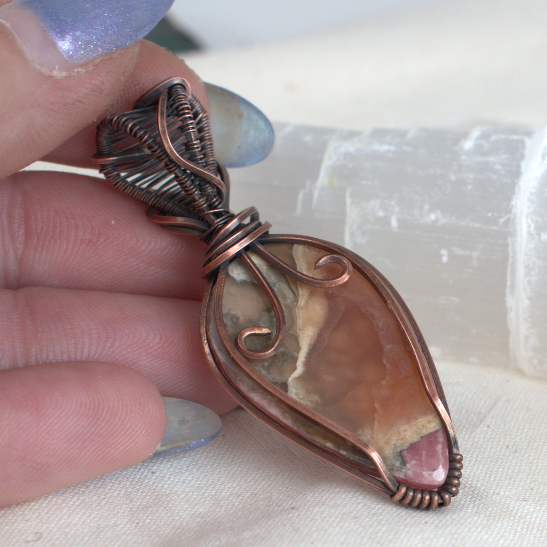 Peony Blush - Rhodochrosite Copper Wrapped Pendant