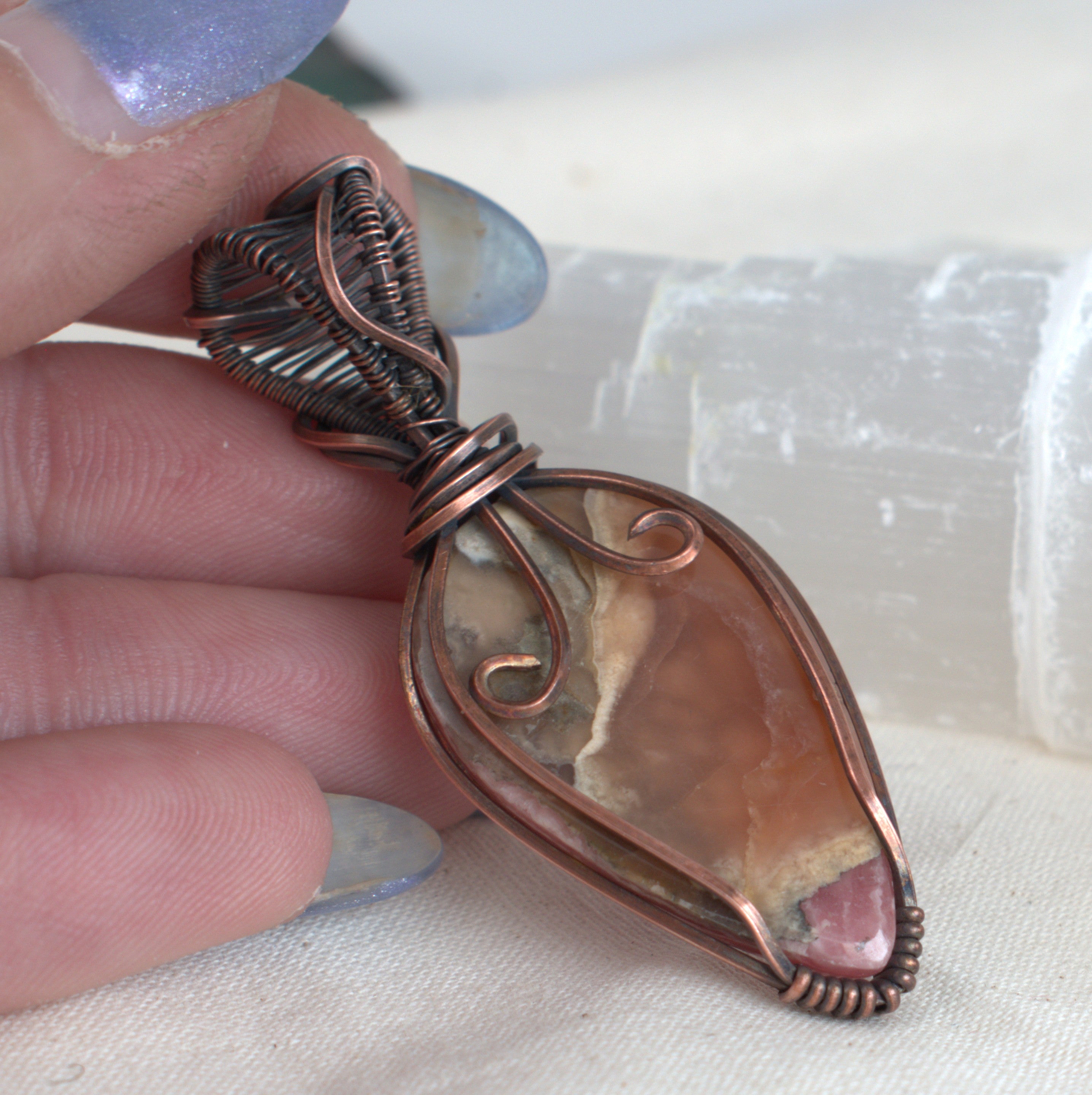 Peony Blush - Rhodochrosite Copper Wrapped Pendant