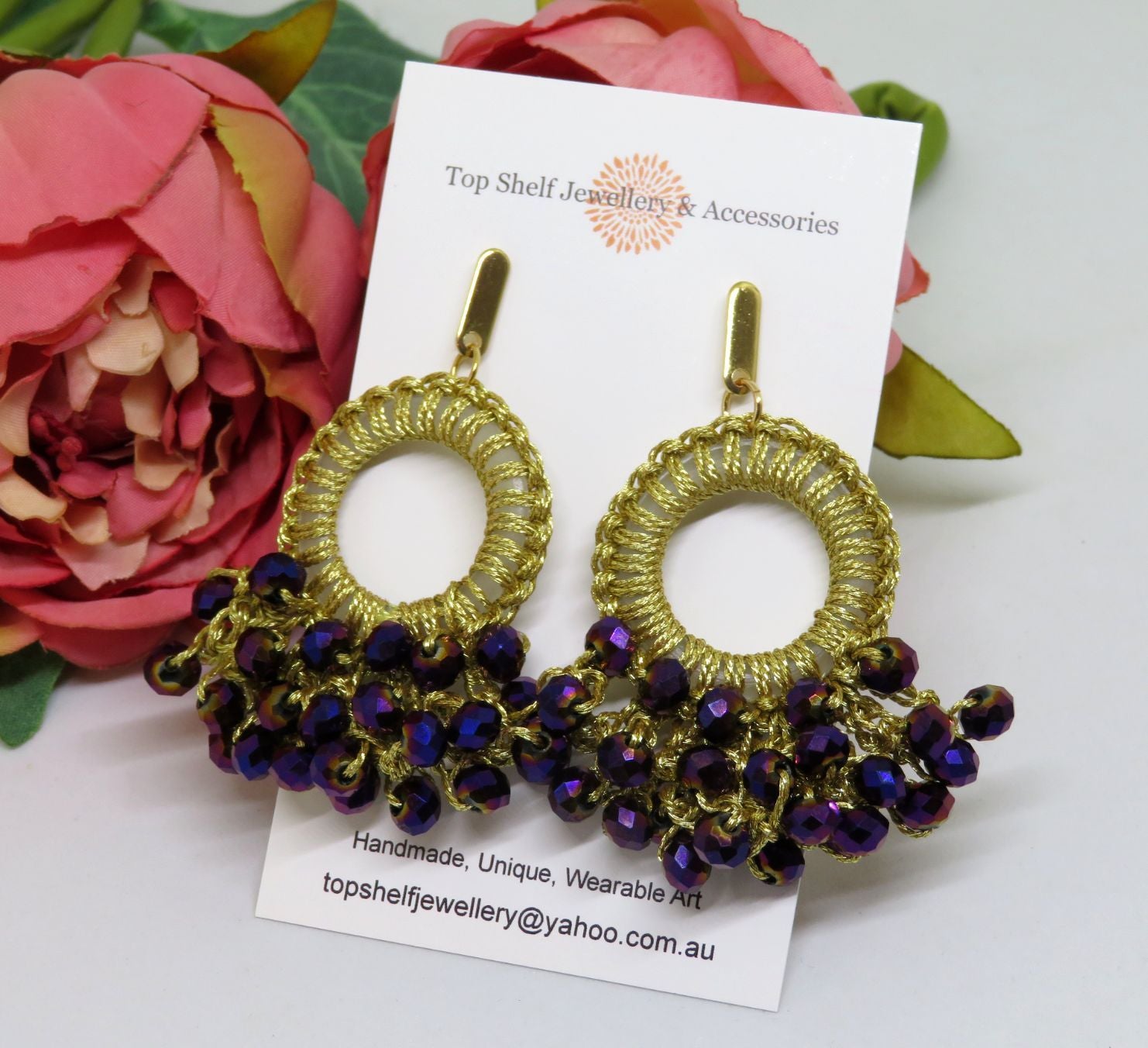 Purple Gold Crochet Boho Thread Chandelier Beaded Earrings