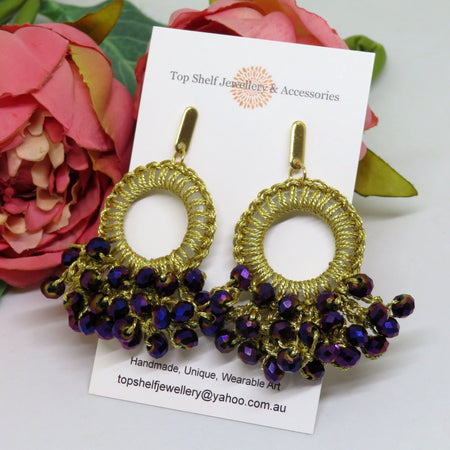 Purple Gold Crochet Boho Thread Chandelier Beaded Earrings