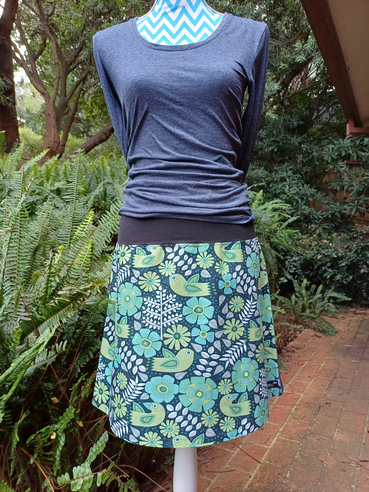 Bird Skirt in Green and Blue with Denim
