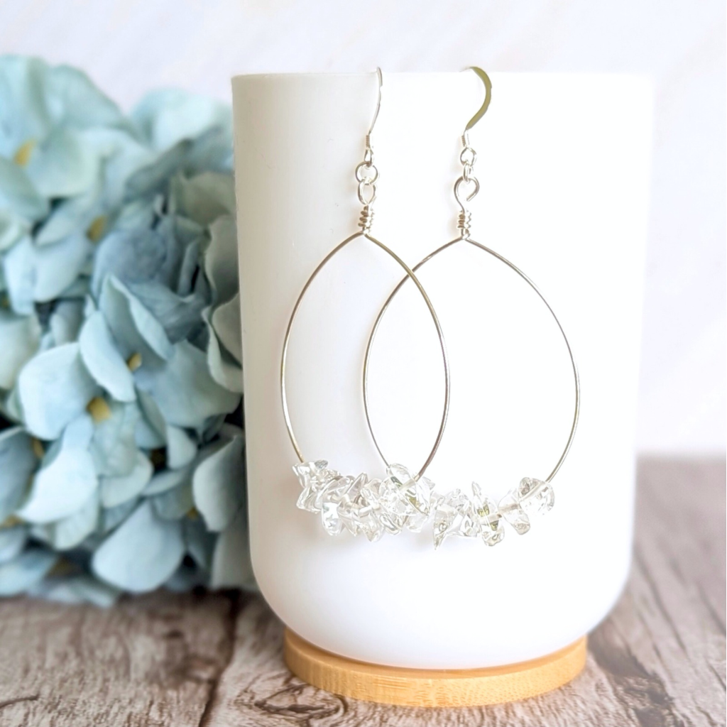 Crystal quartz sterling silver hoop earrings - handmade gemstone earrings