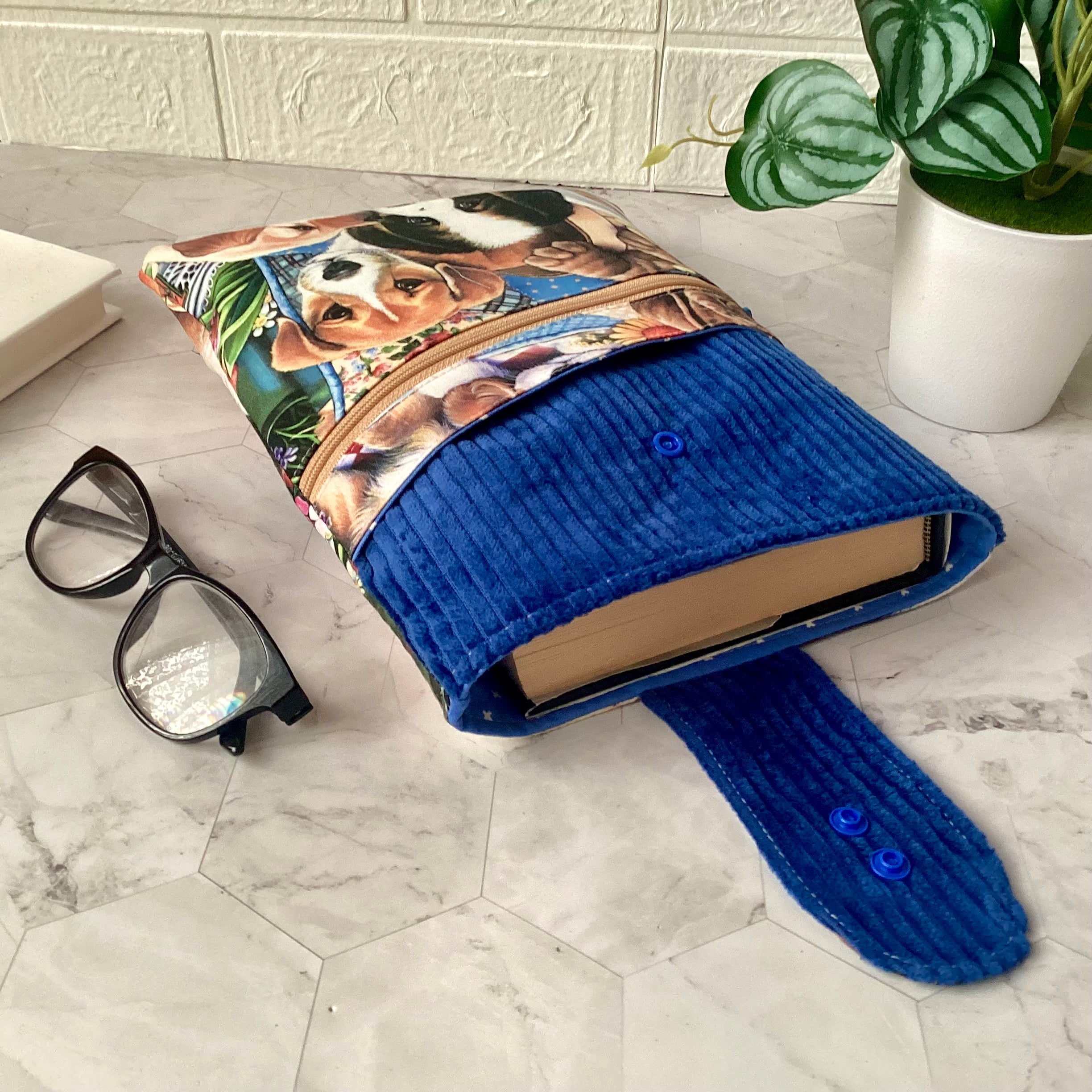 Puppy dogs fabric book sleeve with 2 pockets. iPad, tablet pouch