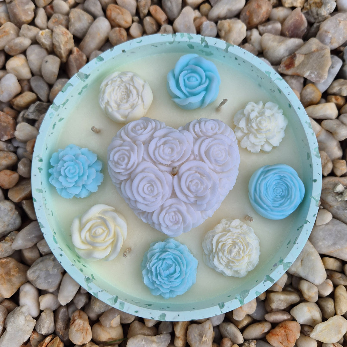 Large soy wax concrete bowl candle with white floral heart and roses