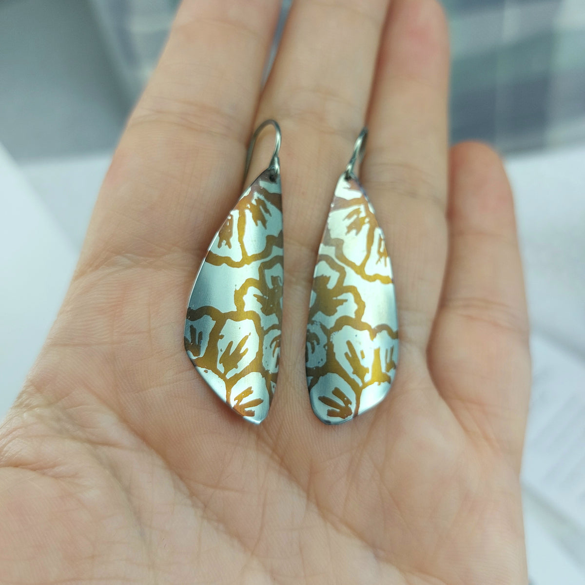 Titanium Dangles with Painted Flower Design- Blue, Bronze and Purple