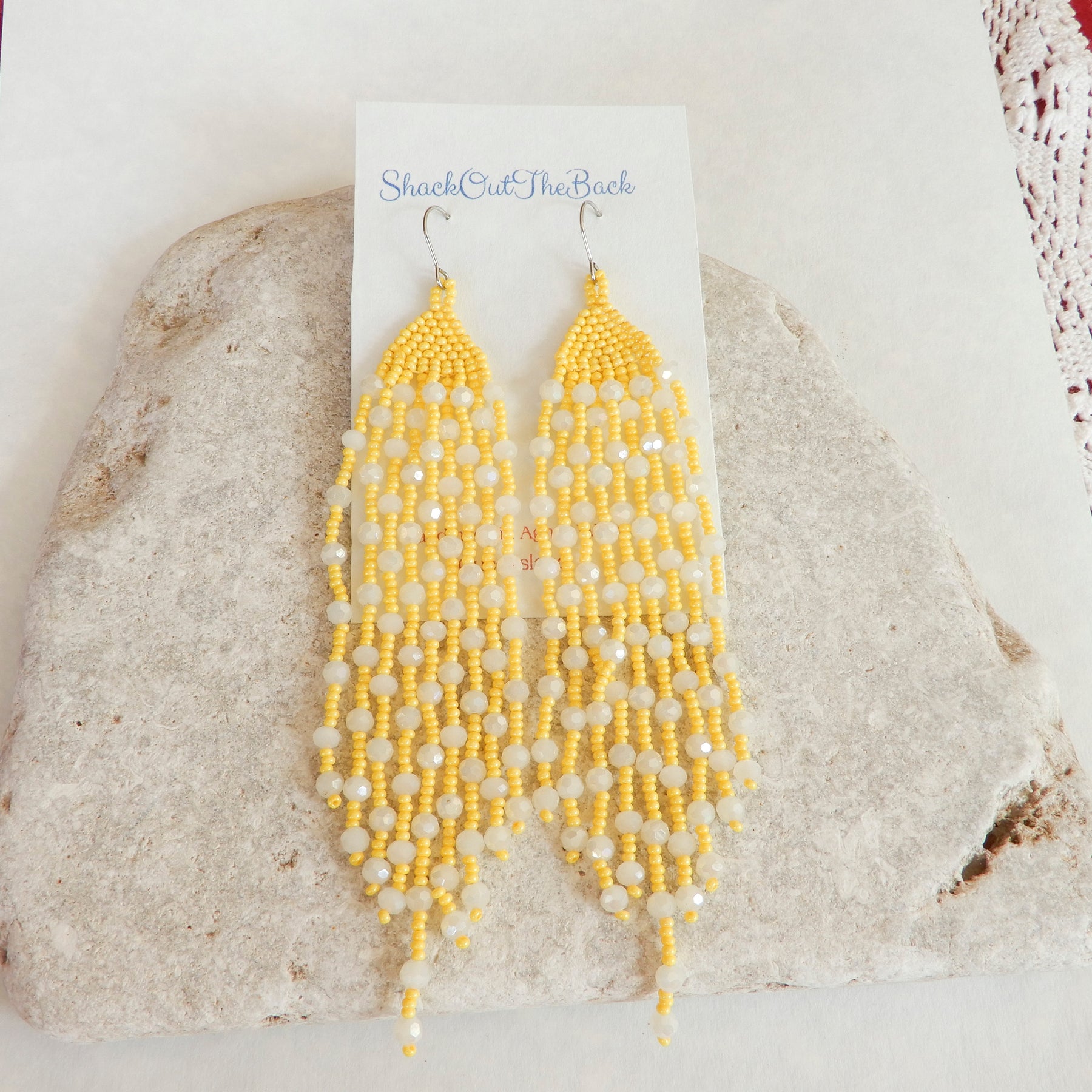 Yellow & White Beaded Fringe Earrings