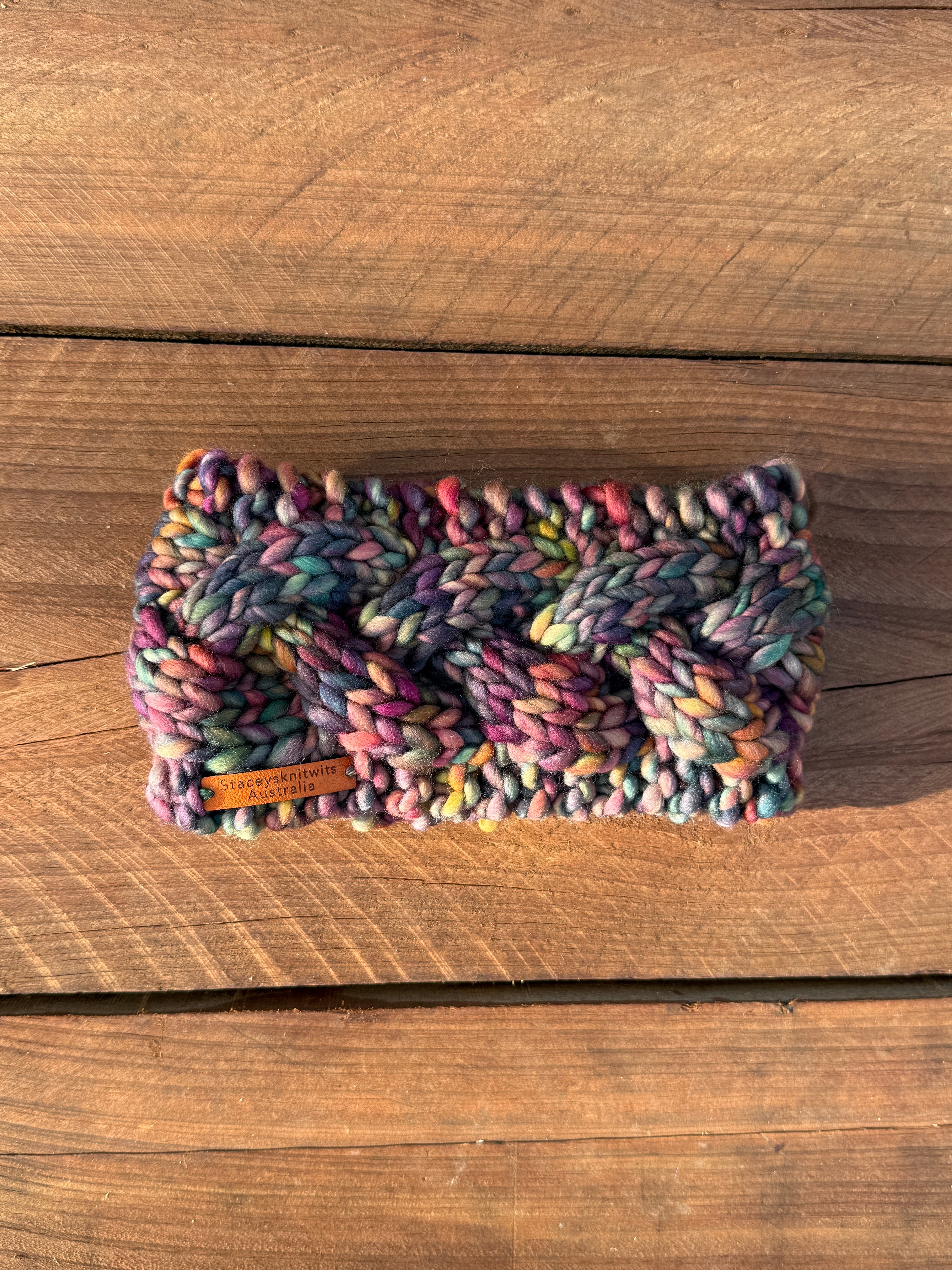 Hand Knitted Headband, Merino Wool Stretchy Ladies Rainbow Headband