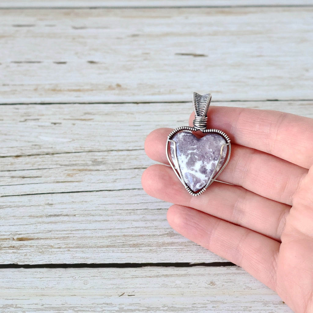 Sterling Silver Lepidolite and Quartz Heart Pendant ~ Invites You to Slow Down