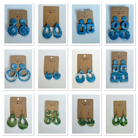 Handmade Blue and Green Marbled Clay Earrings Collection