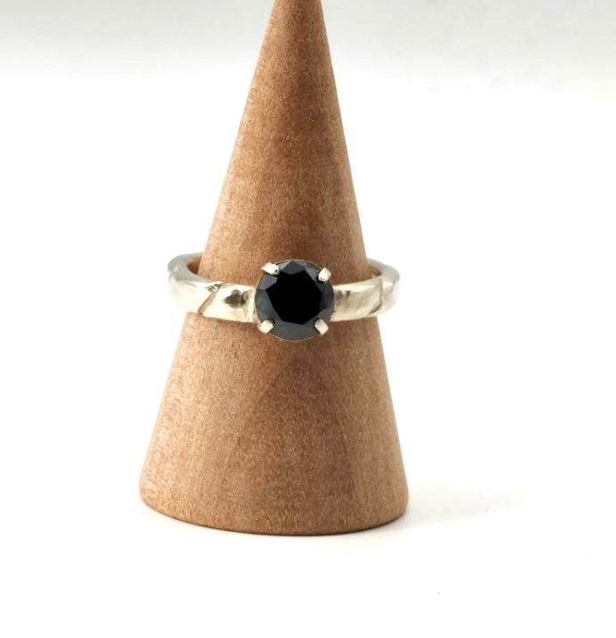 Black Moisonite ring with ropes band in silver