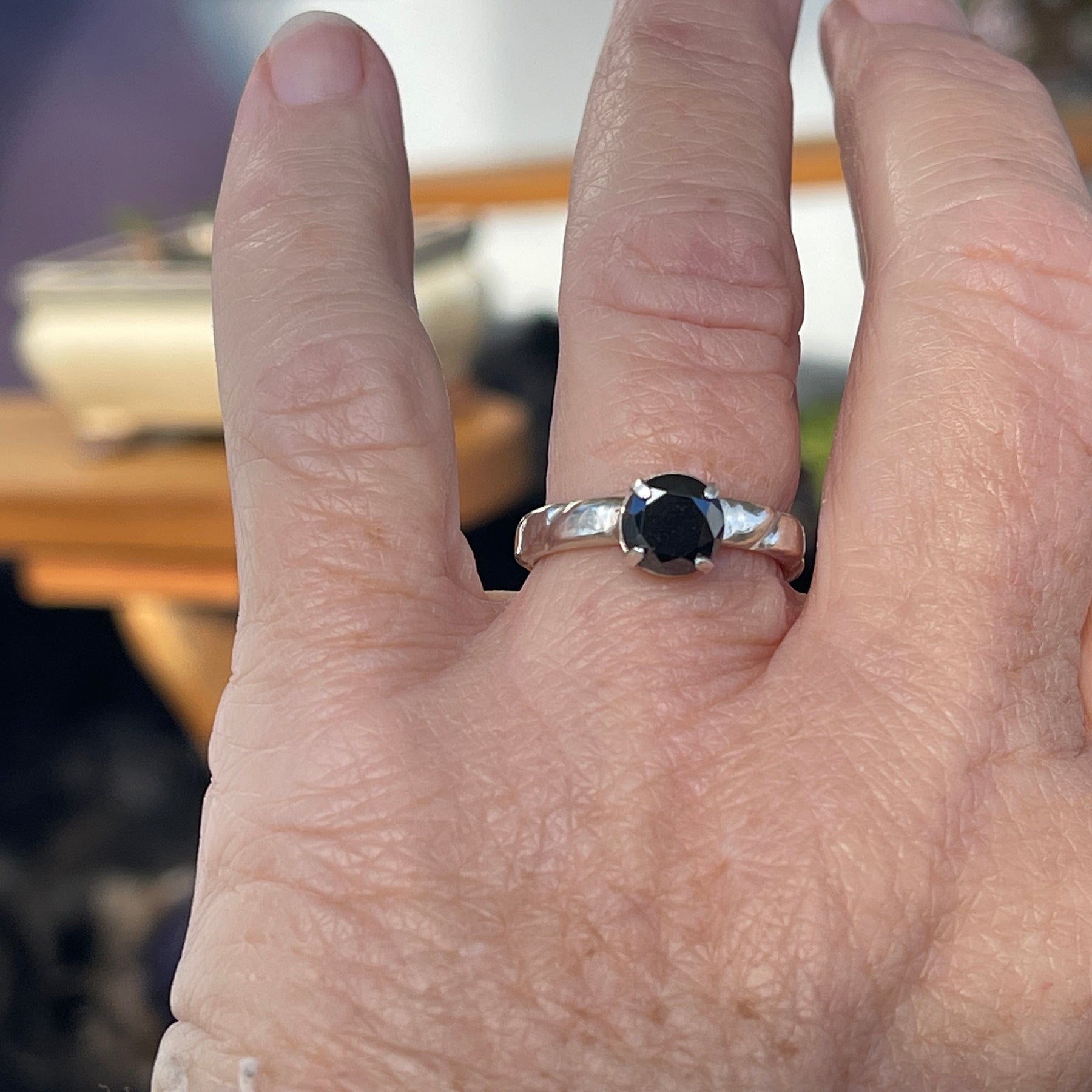 Black Moisonite ring with ropes band in silver