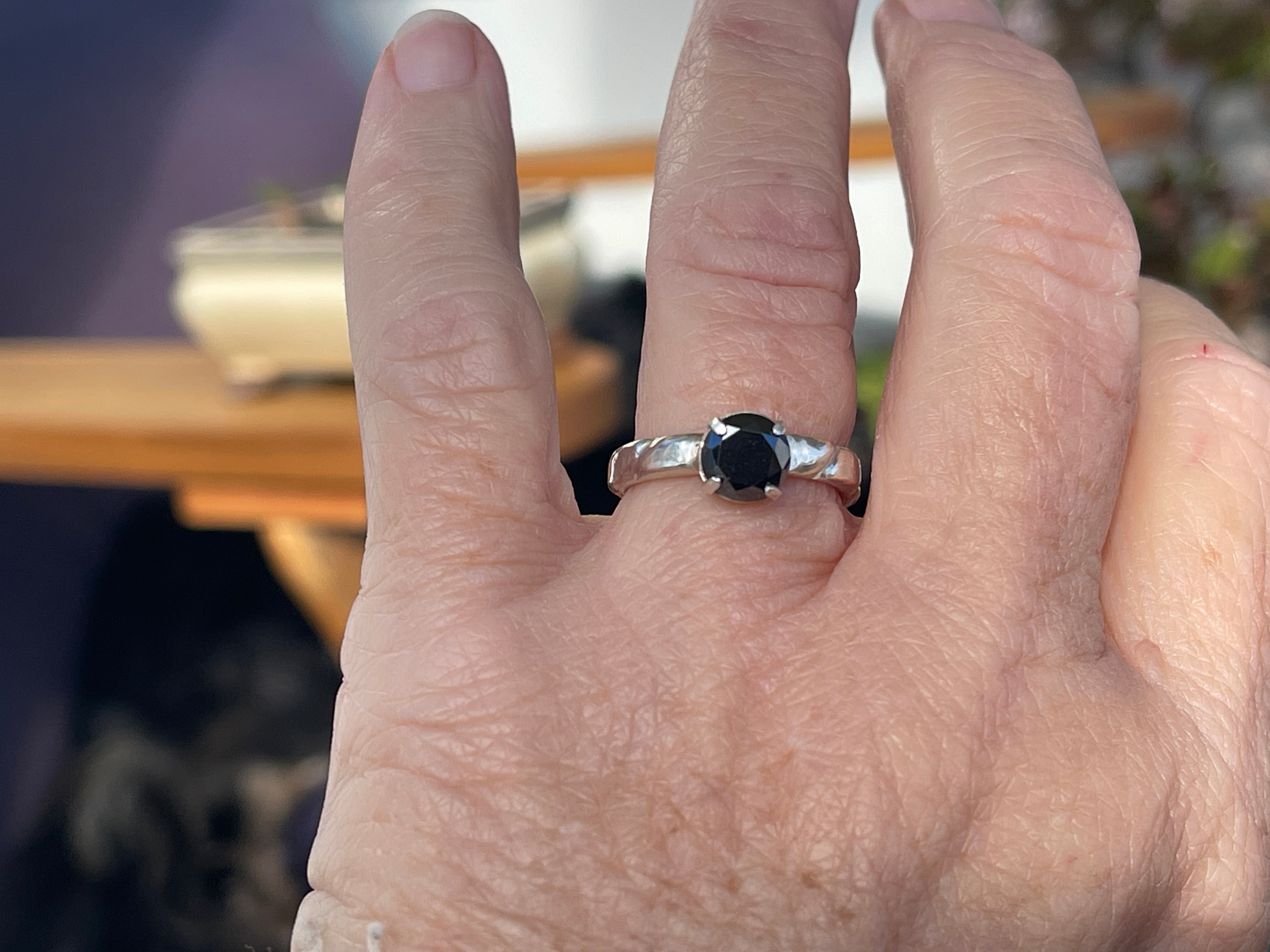 Black Moisonite ring with ropes band in silver