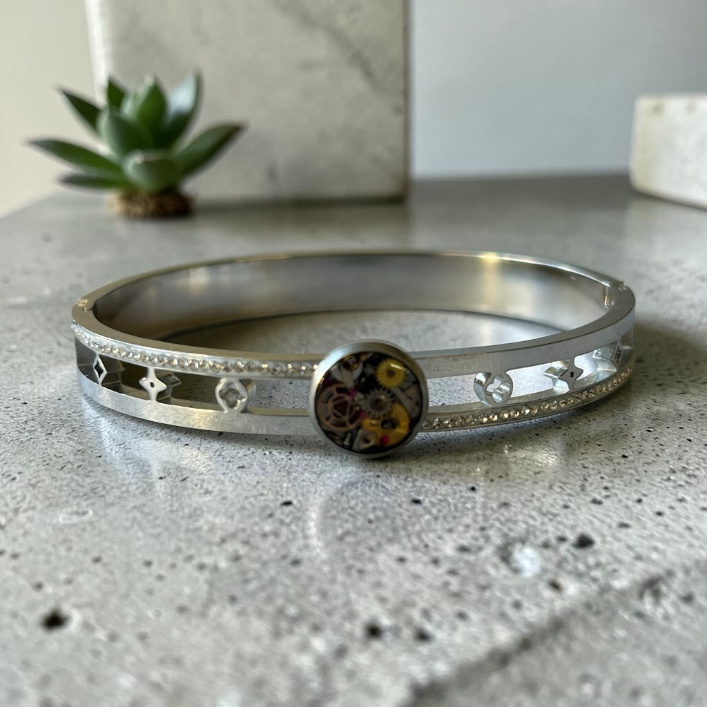 Steampunk watch parts silver bangle