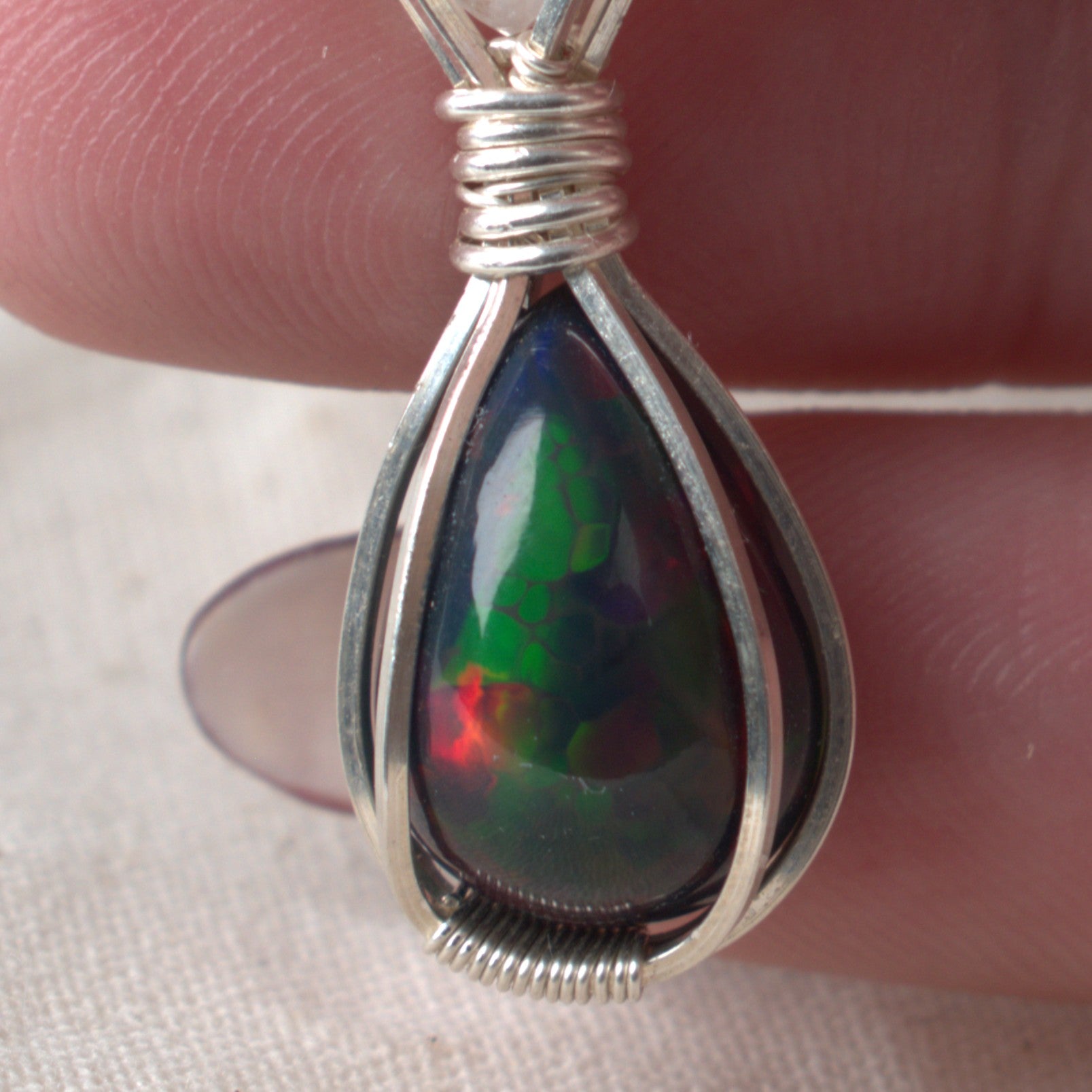 Moon Fire - Black Opal & Moonstone Wire Wrapped Pendant