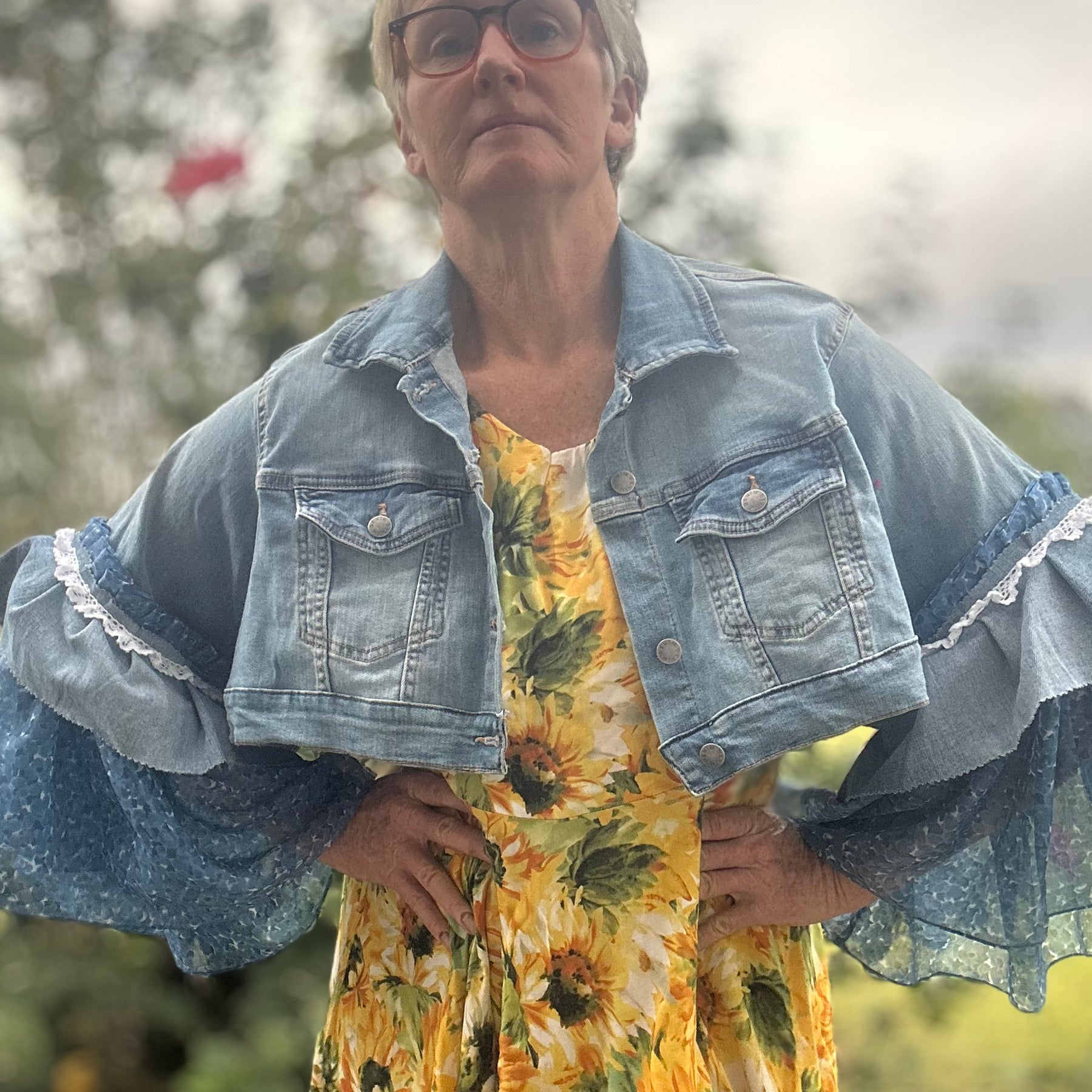 Upcycled Denim Jacket Full Chiffon Sleeves