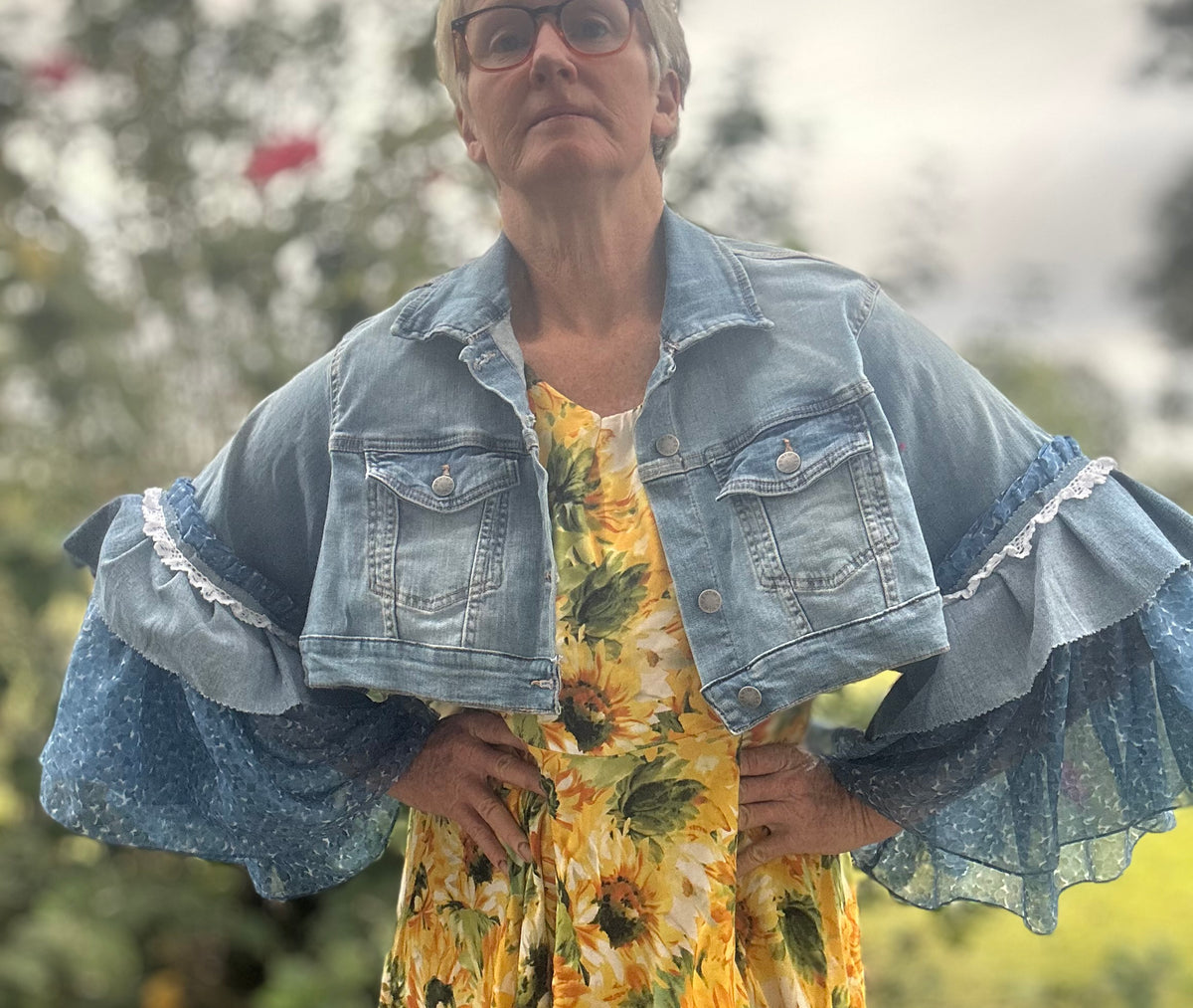 Upcycled Denim Jacket Full Chiffon Sleeves