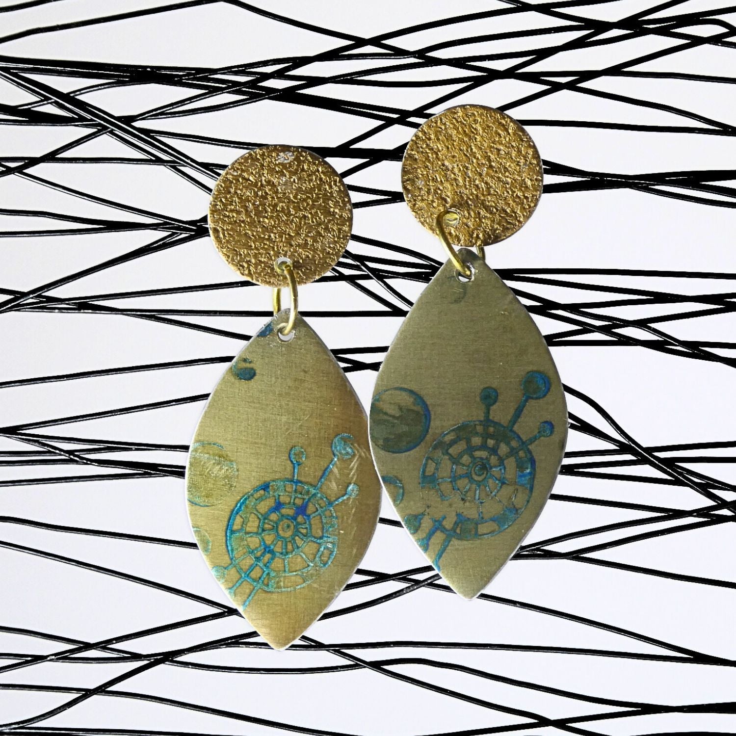 Anodised aluminium earrings hand printed Golden Galaxy Collection