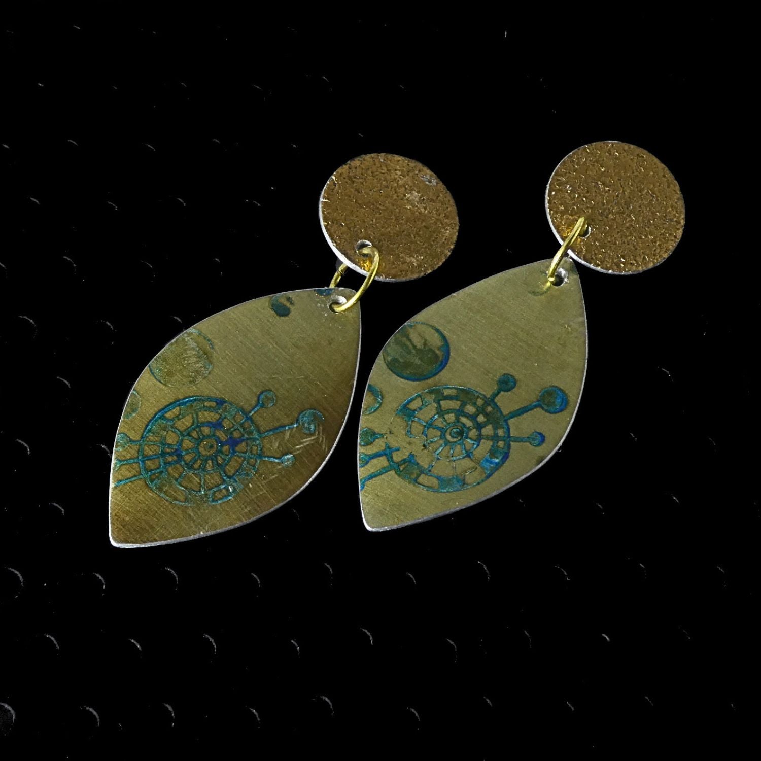 Anodised aluminium earrings hand printed Golden Galaxy Collection