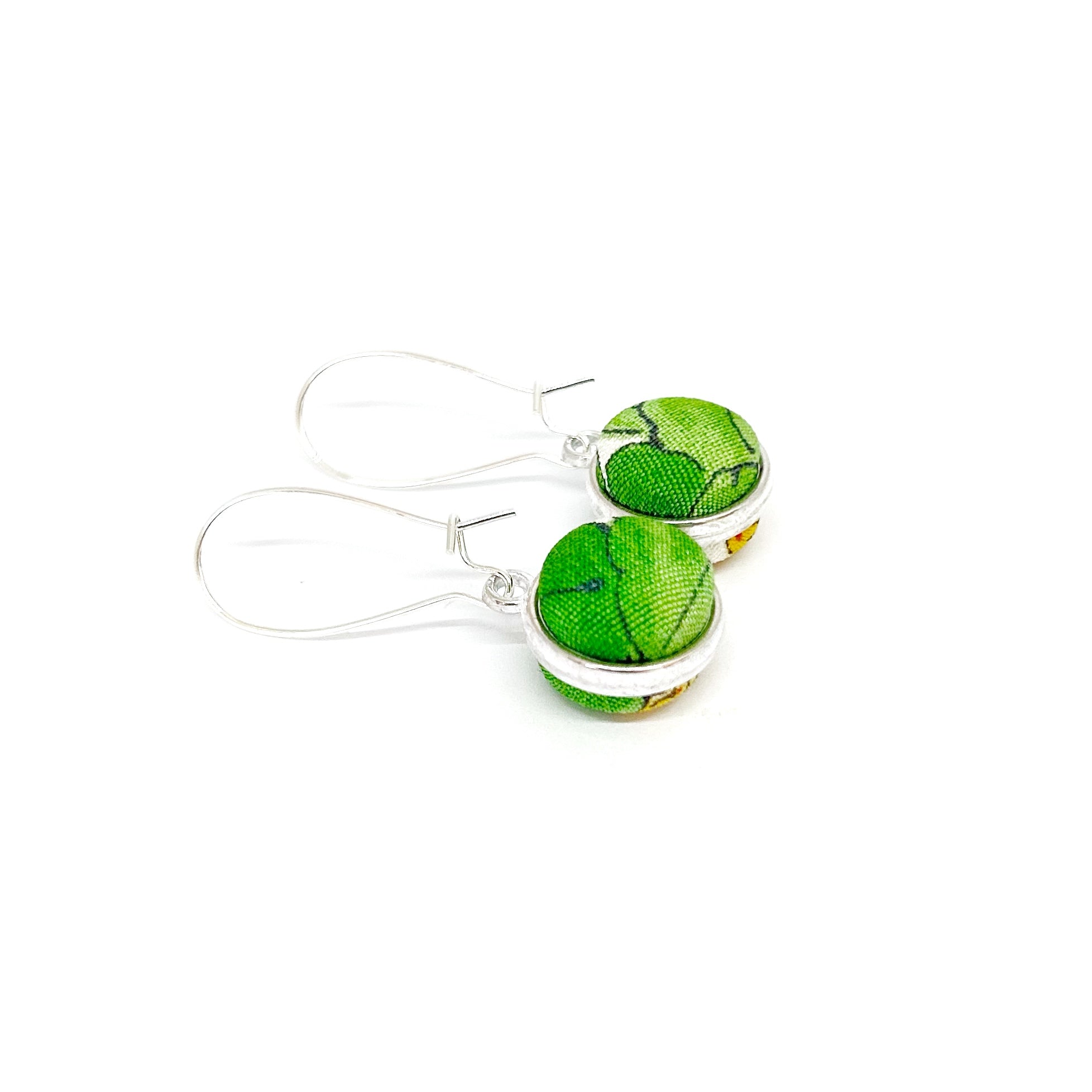 Double Sided Fabric Button Earrings - Green and Yellow