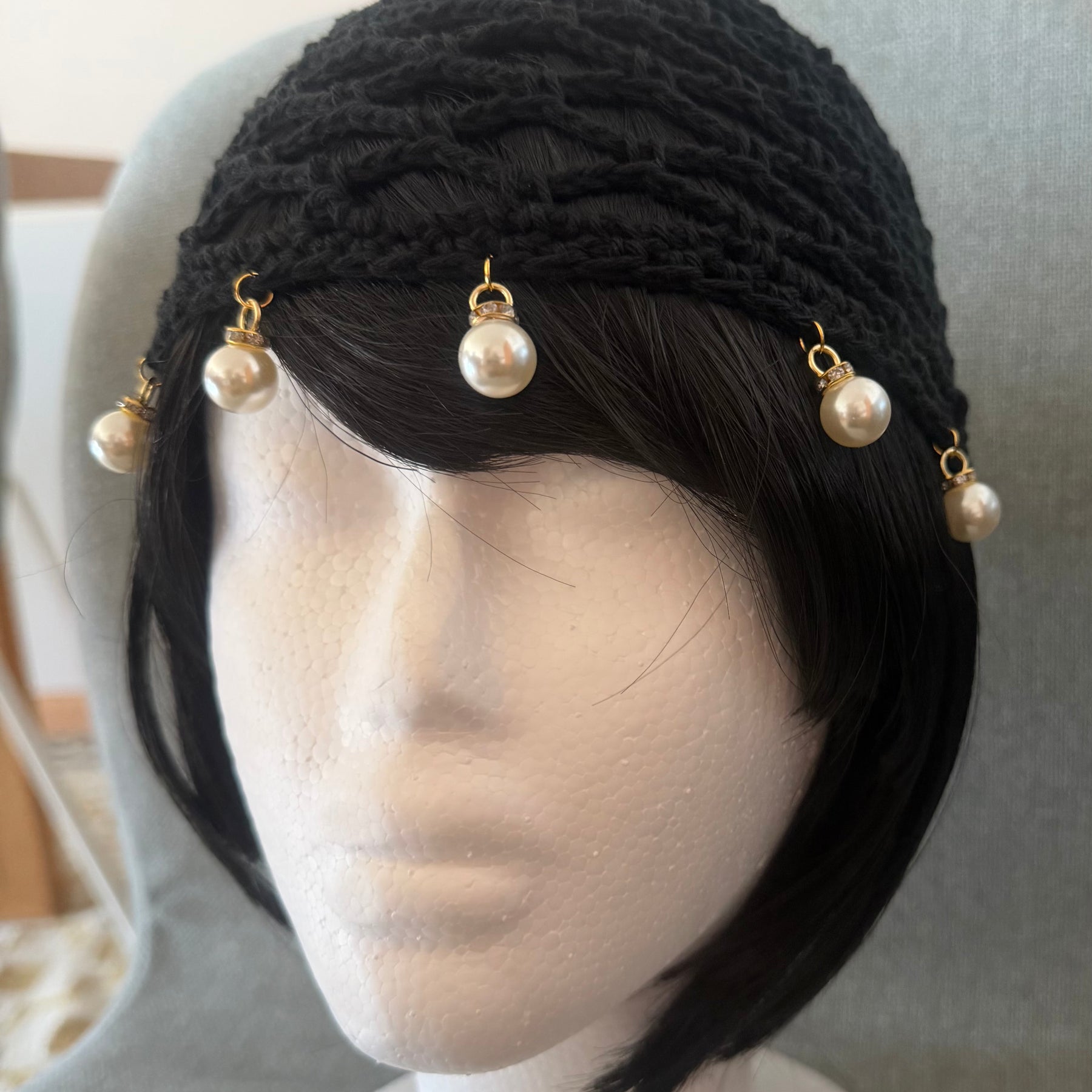 Black Cotton Crochet Hat with Pearl Charms