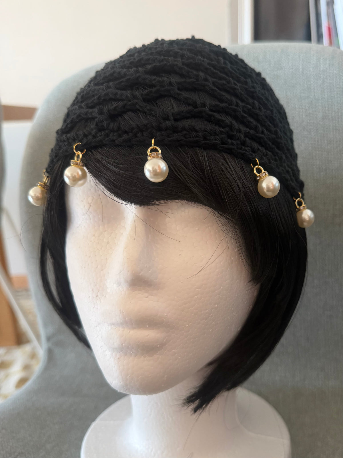 Black Cotton Crochet Hat with Pearl Charms